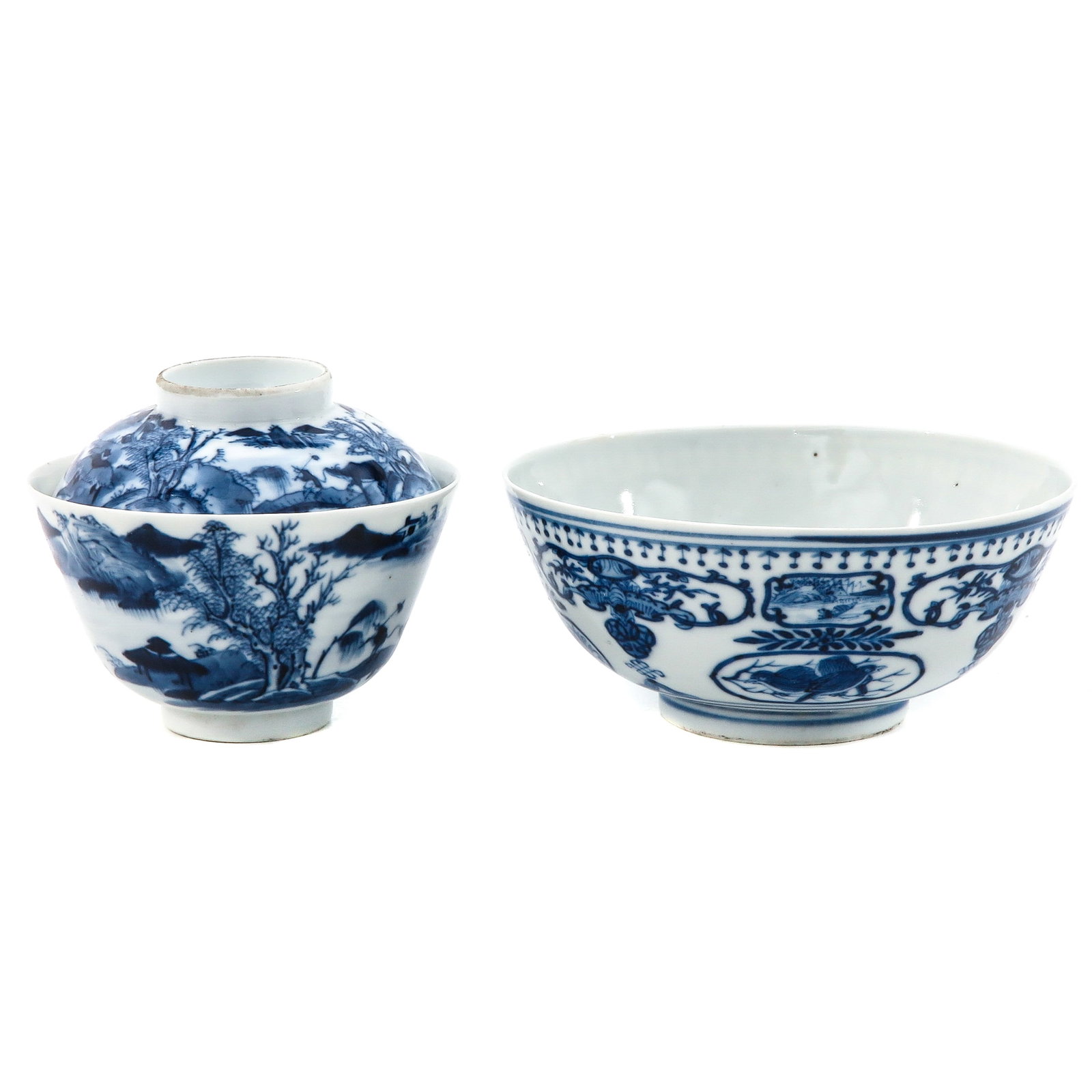 A Lot of Two Blue and White Bowls: One with cover, decorated with landscapes, flowers and birds, largest bowl is 14 cm. in diameter.