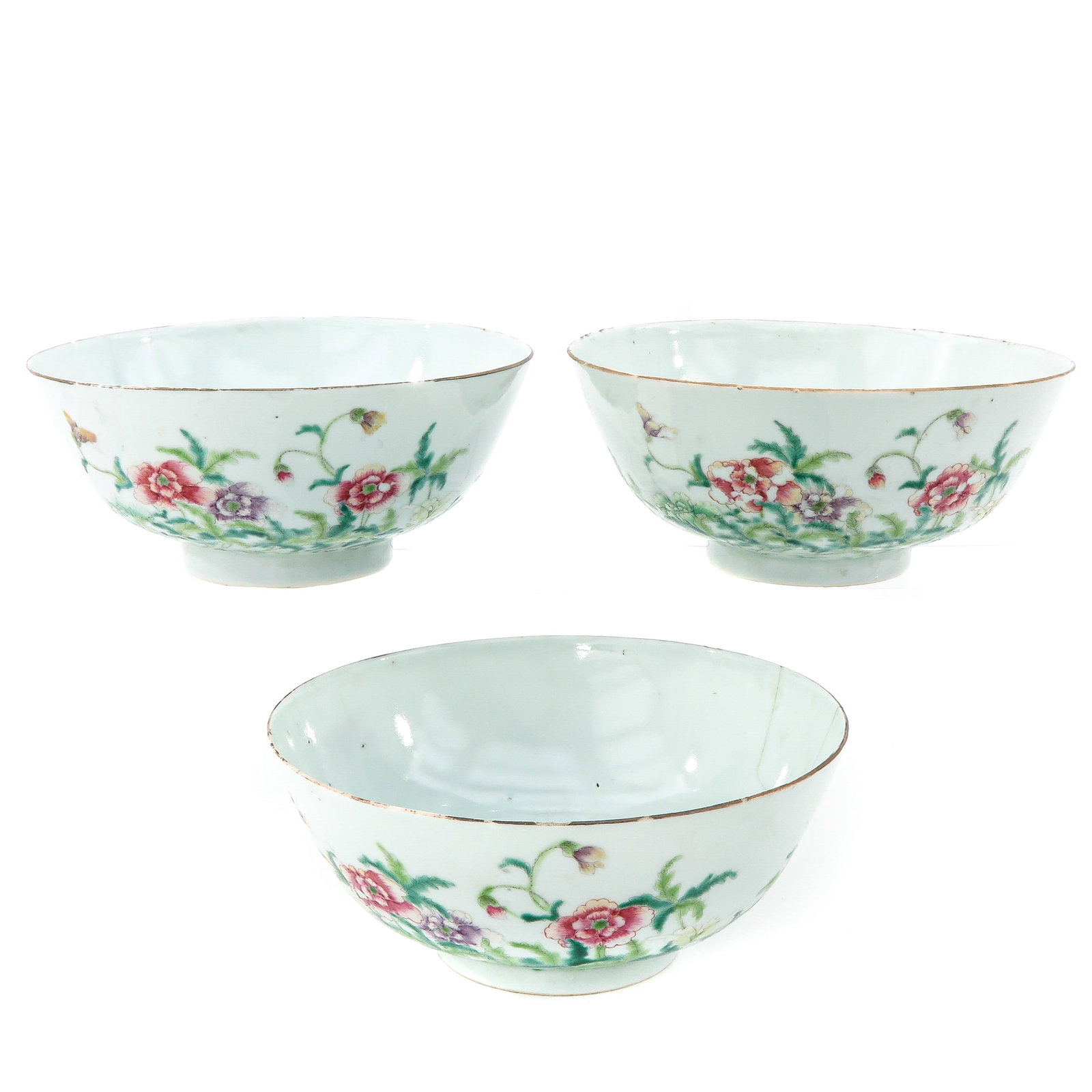A Series of 3 Famille Rose Bowls: Floral decor, Hong Duc mark, 20 cm. in diameter, in diverse conditions.