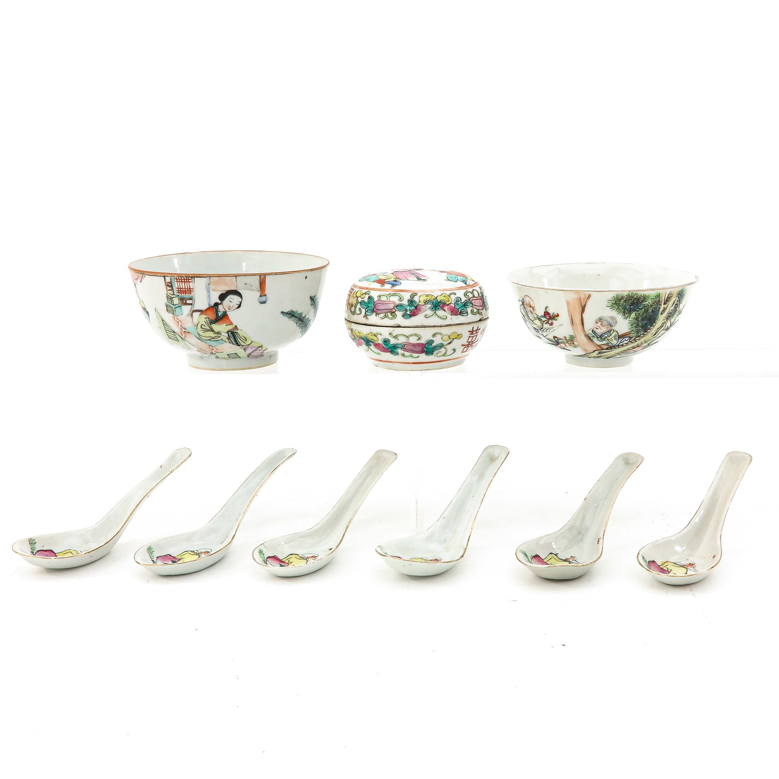 A Large Collection of Porcelain: Including box, spoons and bowls, including 19th Century, largest bowl is 12 cm. in diameter, chip and hairline.