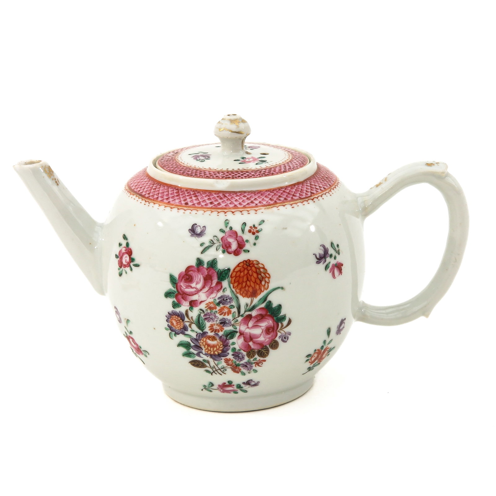 A Famille Rose Teapot: Decorated with floral sprays, Qianlong Period, 18th Century, 13 cm. tall, chip.