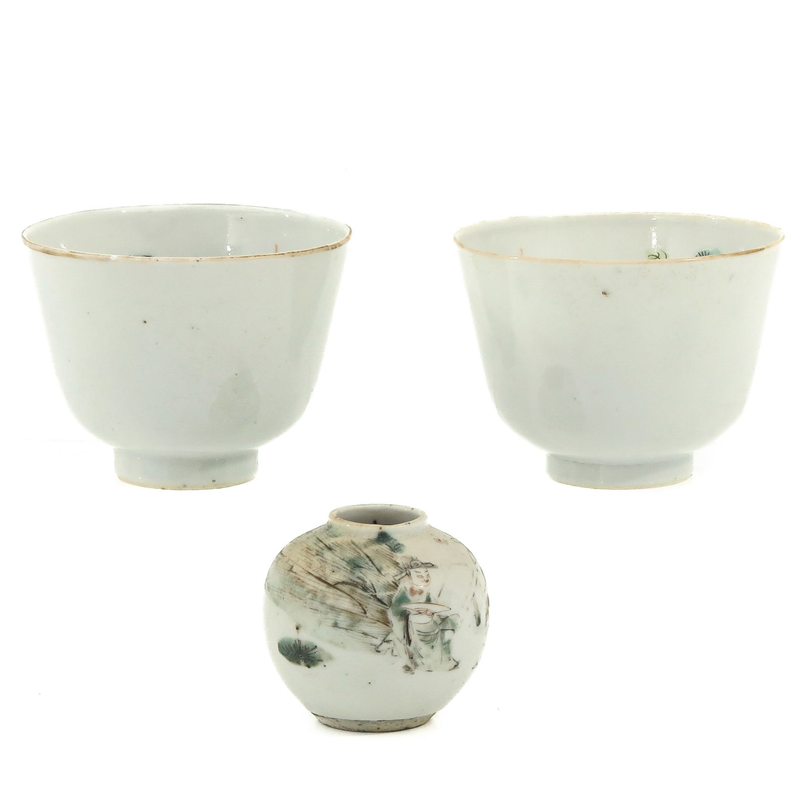 A Pair of Cups and a Miniature Vase: Each cup decorated with gold fish, the miniature vase is depicting a Chinese figure in a garden, cups are 6 cm. tall, hairline.