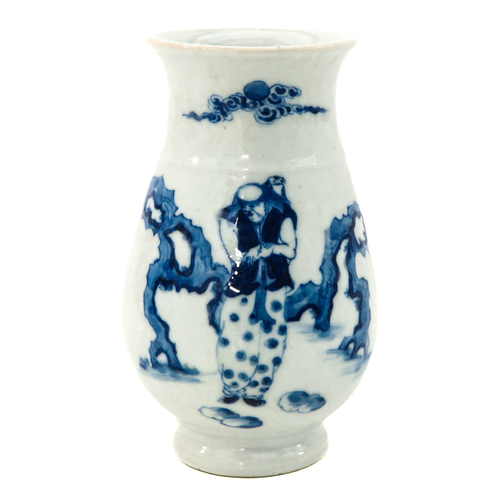 A Blue and White Vase: Depicting a garden scene, 19 cm. tall, chip.