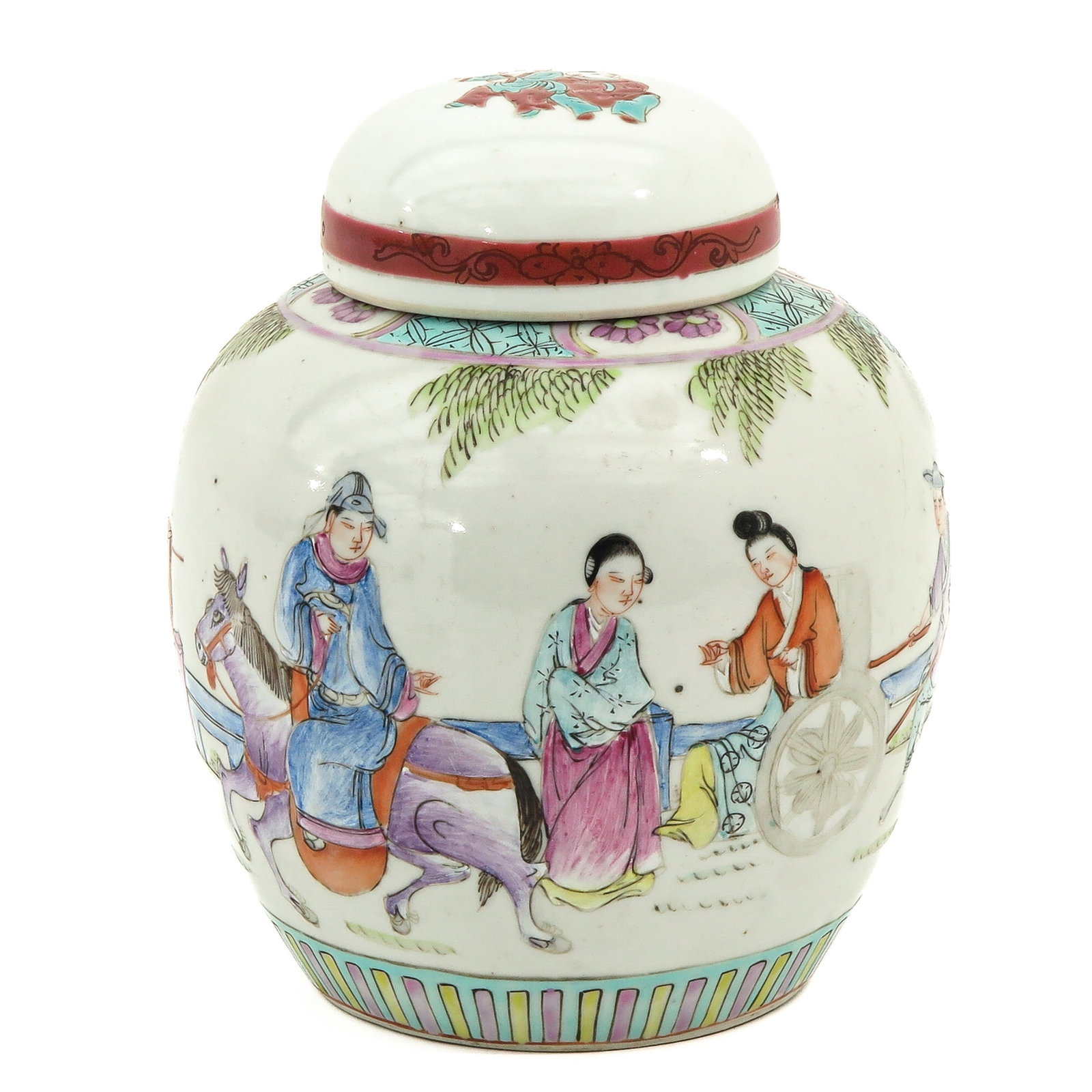 A Famille Rose Ginger Jar: Finely painted with a continuous scene of figures and a horse in a courtyard, 19 cm. tall,