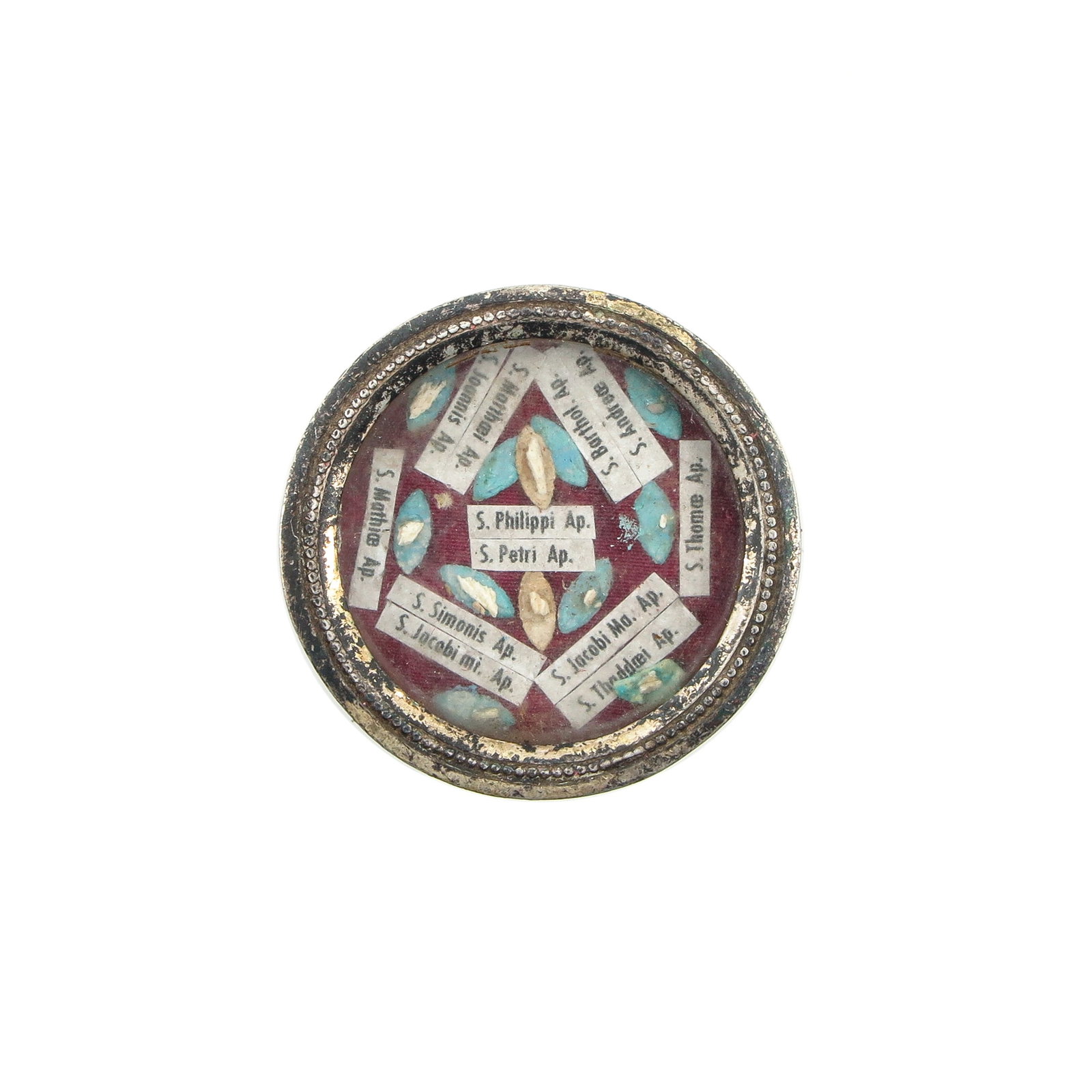 A Sealed Multi-Theca: containing relic of the twelve apostles, diameter 4 cm., you are buying the theca, the relics are a gift