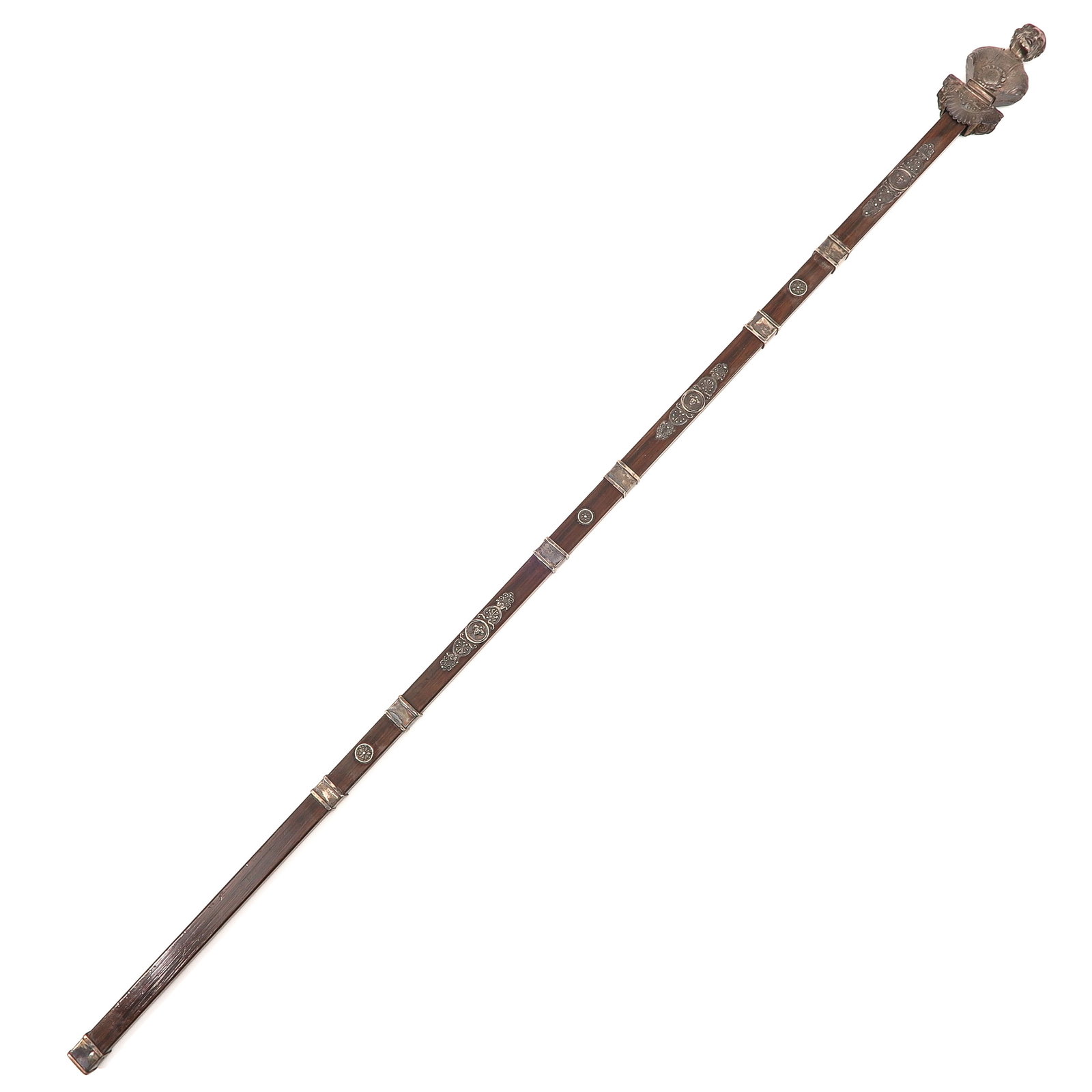A Procession Staff: 19th century, rosewood with silver ornaments and bust, length 121 cm.