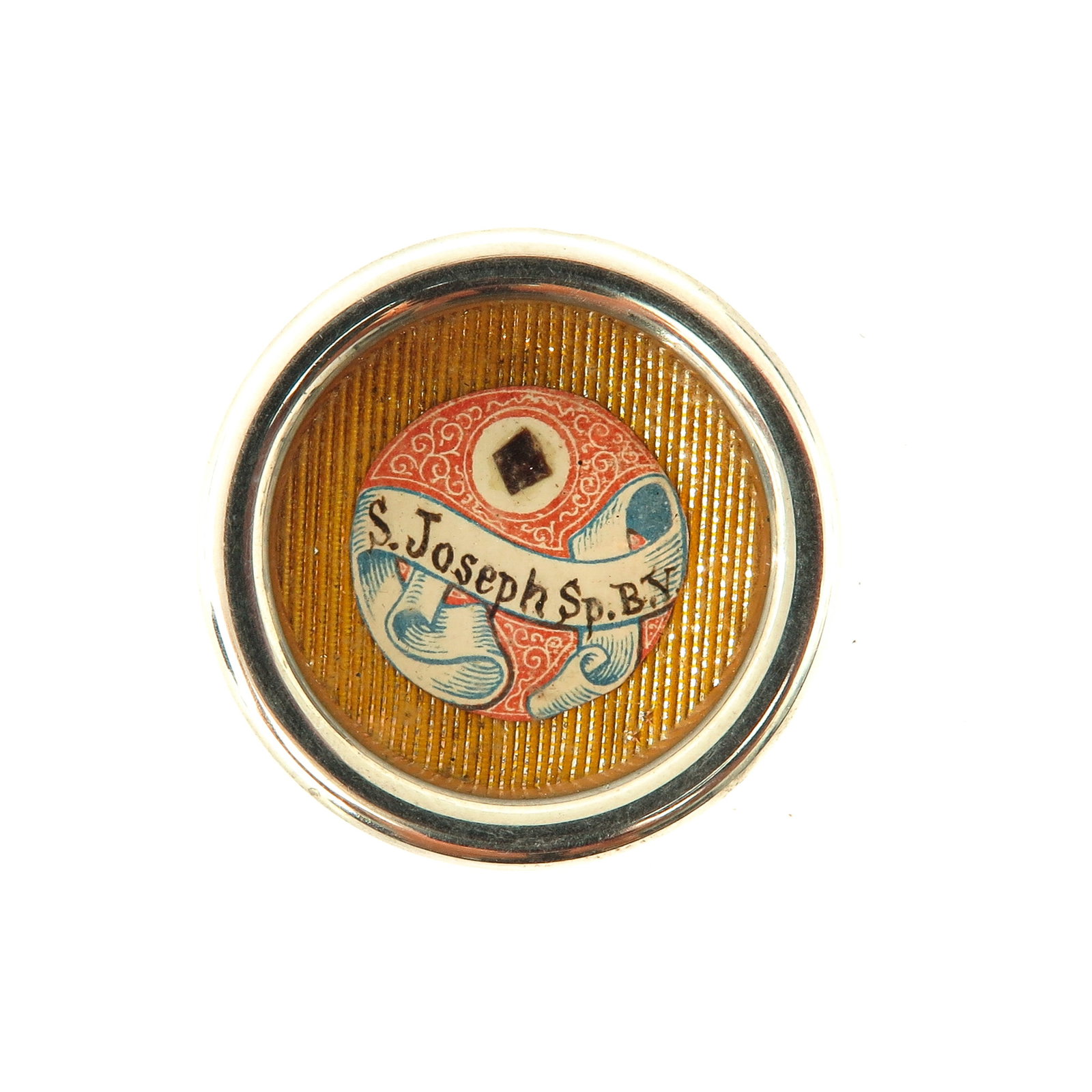 A Sealed Theca: containing relic of Saint Joseph, husband of the Blessed Virgin Mary, diameter 4 cm., you buy the theca, the relics are a gift