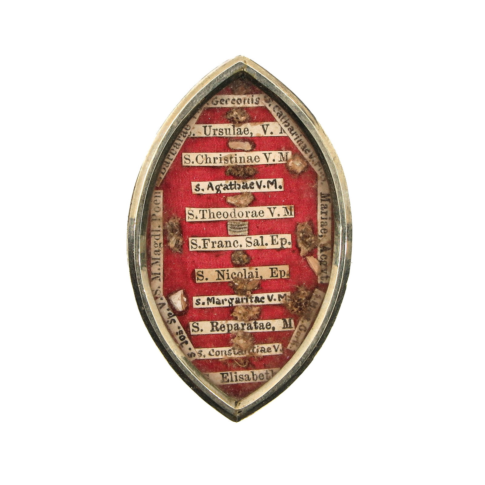 Sealed Multi-Theca: in which 15 relics, including Saint Ursula, virgin and martyr, Saint Christina, virgin, Saint Reparata, martyr and twelve other saints, length 6 cm., you buy the theca, the relics are a gift