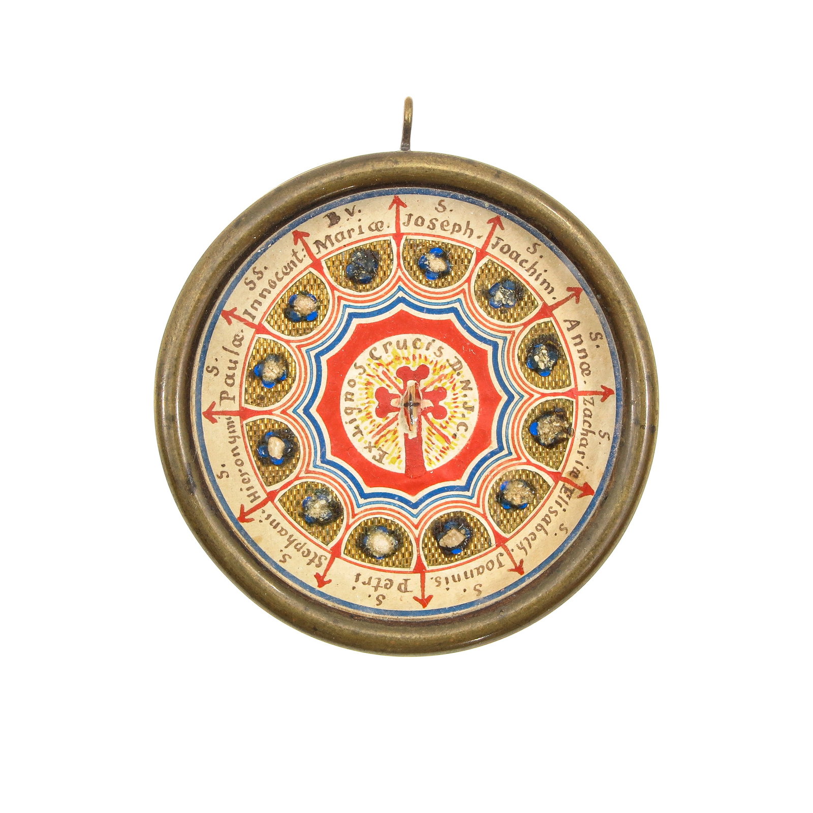 A Sealed Multi-Theca: with thirteen holy relics of saints and blesseds, including saint Stephana, virgin, the blessed Virgin Mary, Saint Joseph, bridegroom of the blessed Virgin, Saint John and other saints, diameter 7 cm.