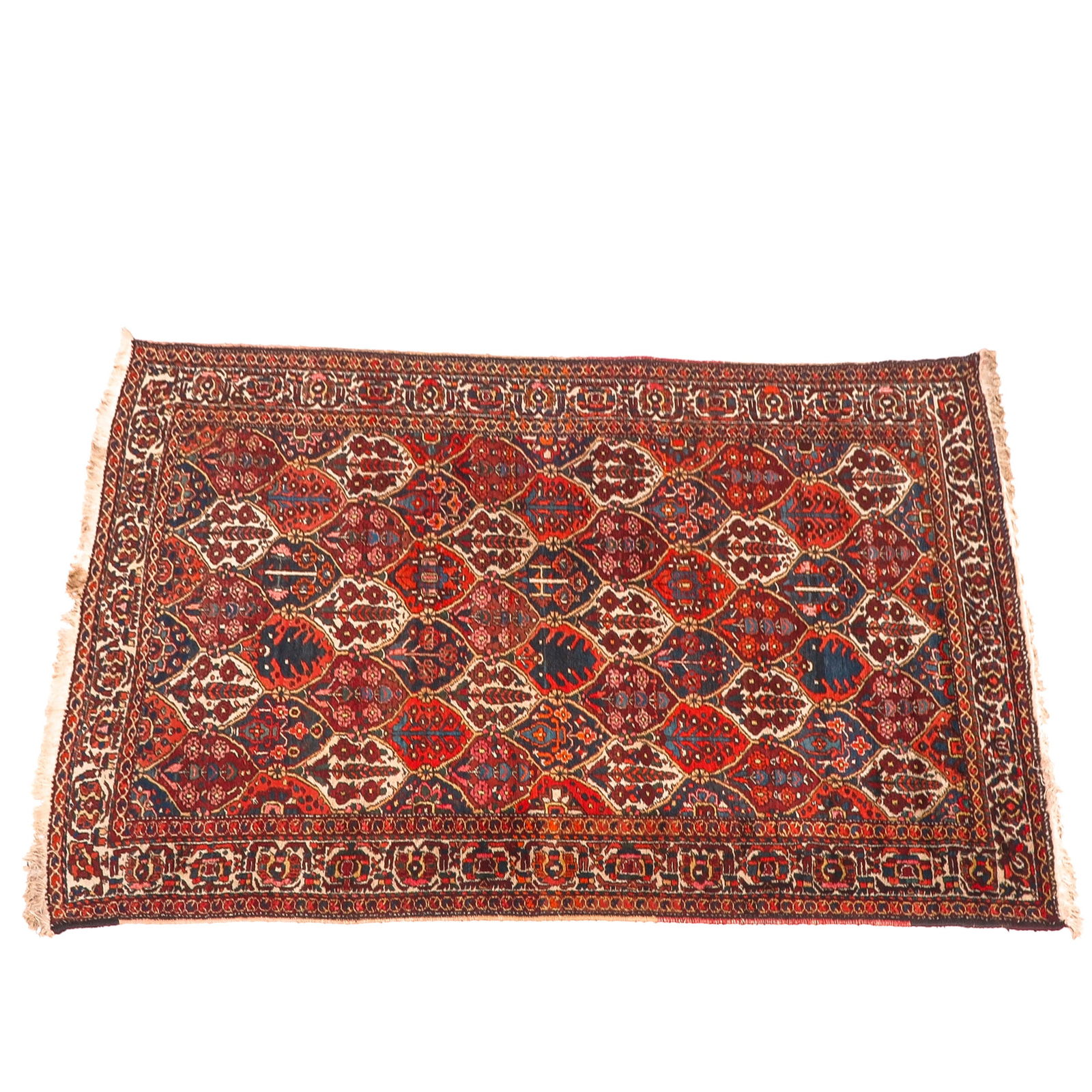A Persian Carpet: Persian Bakhtiari, wool, with a classic garden motif in red, blue, and cream, dimensions 220 x 318 cm.