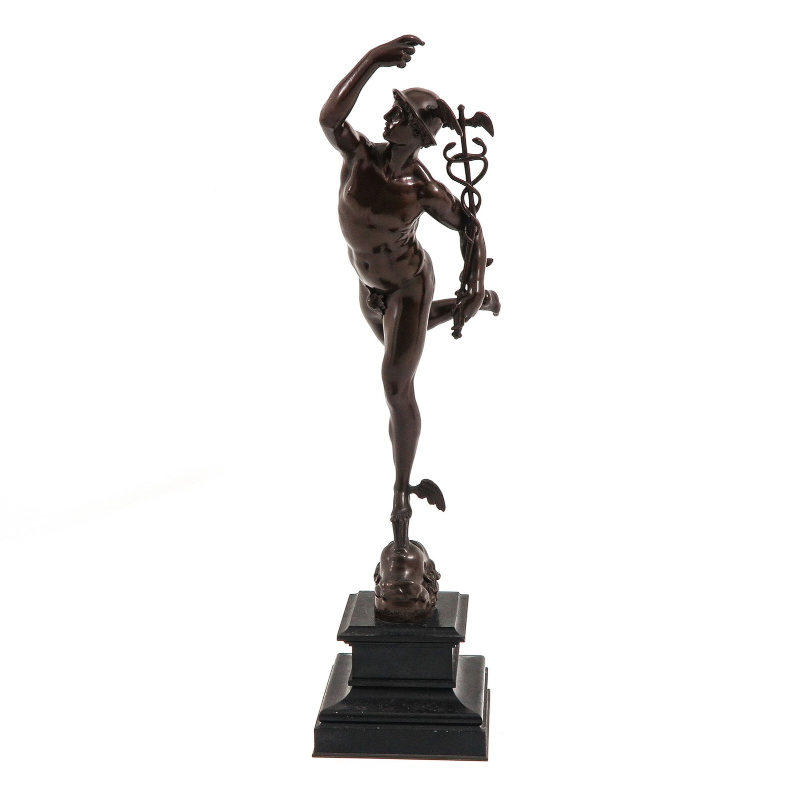 A Bronze Sculpture: Bronze, on a marble base, depicting Mercury, the god of commerce, height 61 cm.