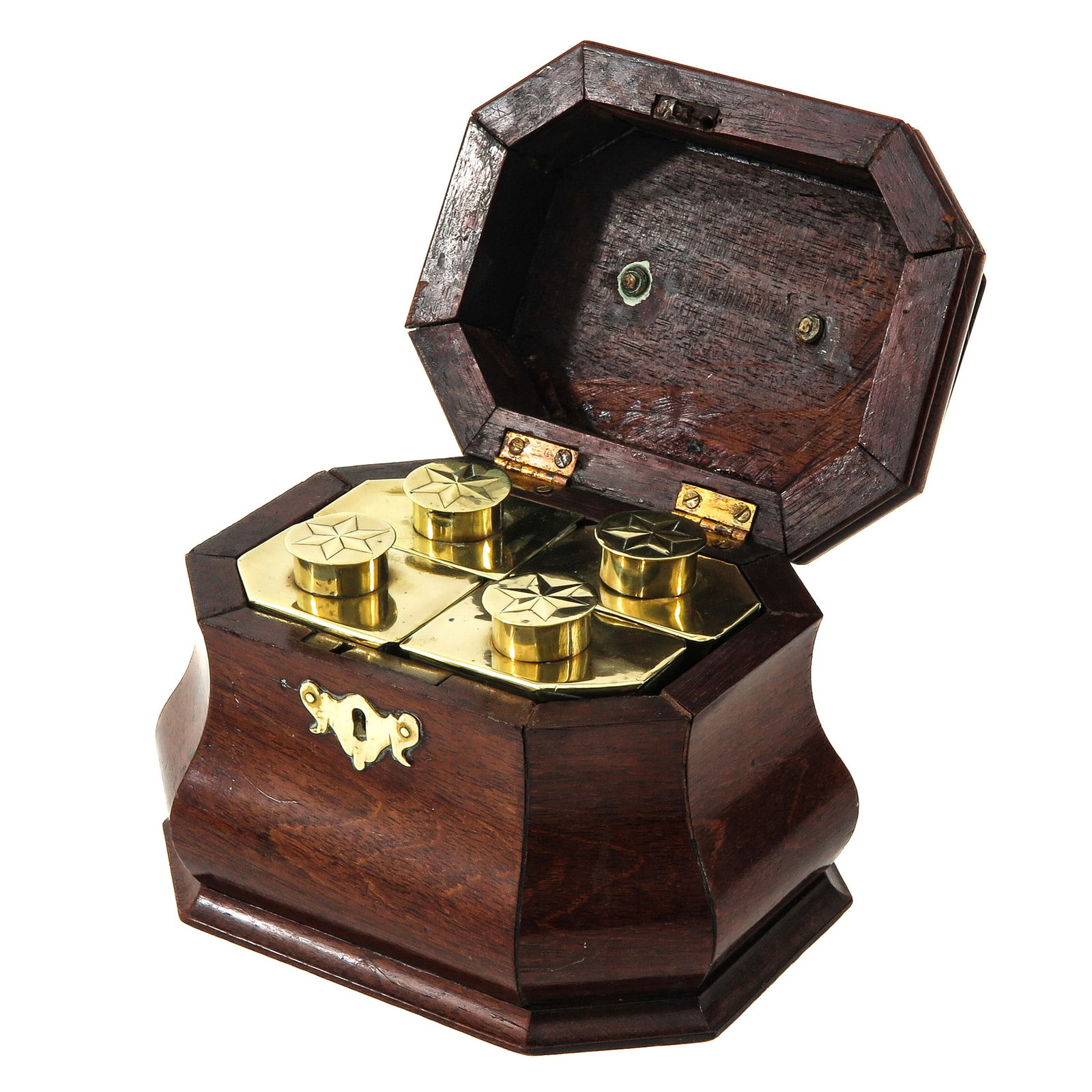 A Tea Cabinet: Mahogany, with 4 copper flasks, 20 x 15 x 13 cm.