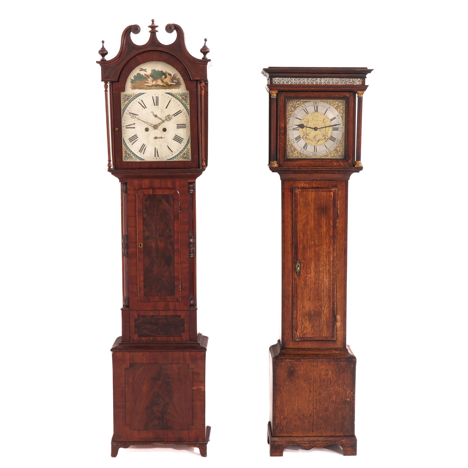 A Lot of 2 Granfather Clocks: Consisting of 2 English grandfather clocks, one signed John Dorney, 1772, height 190 cm.