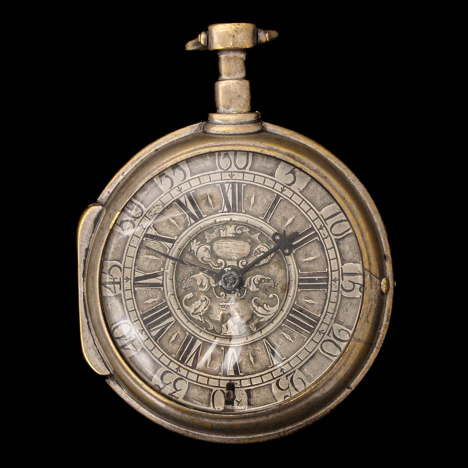 A Pocket Watch: With Roman numerals and richly engraved center decoration, signed Quare London, diameter 51 mm.