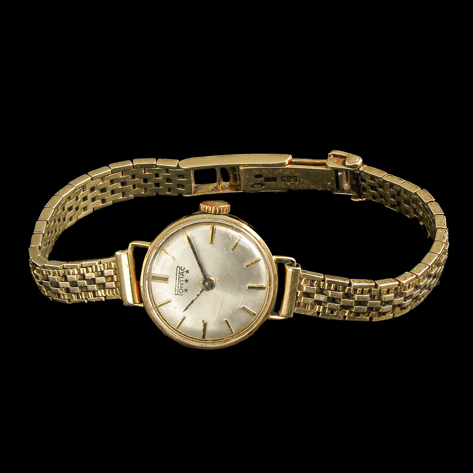 A Ladies 14KG Watch: 14-karat gold, brand: Pontiac, case diameter 2 cm, length 17.5 cm.