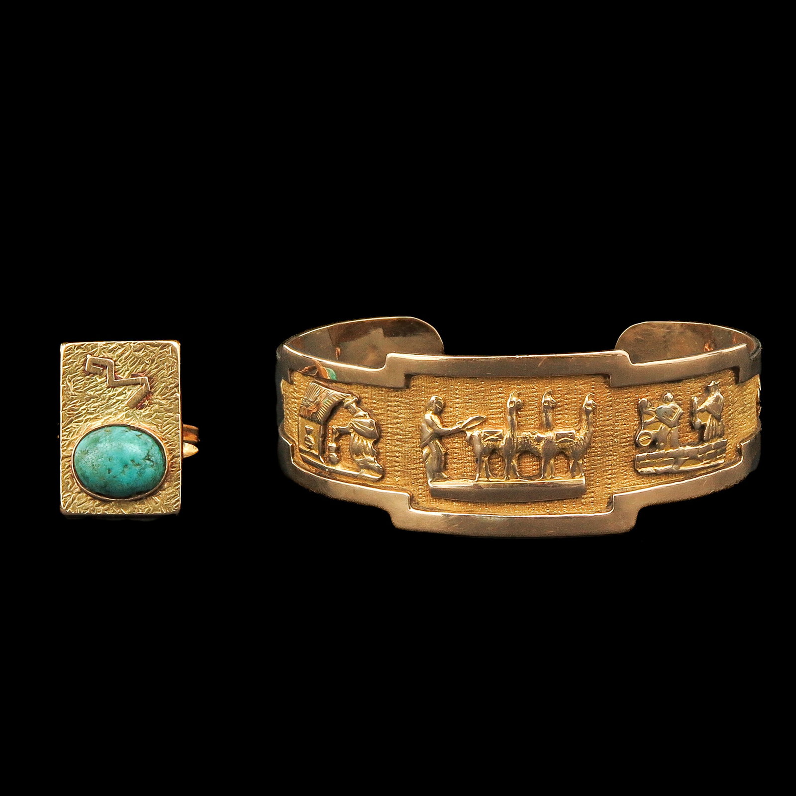 A Group of Jewelry: Jewelry consisting of an 18-karat gold bracelet with a llama design and a women's ring set with turquoise, ring size 17.