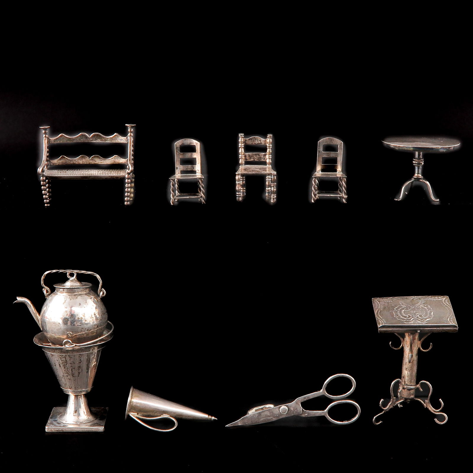 A Group of Silver Miniatures: Ten silver miniatures, including a lectern, height 55 mm.