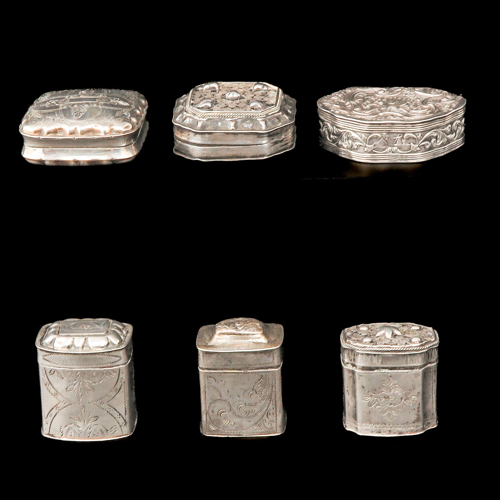 A Group of Silver Items: Consisting of 3 silver loderein boxes and 3 mint boxes.