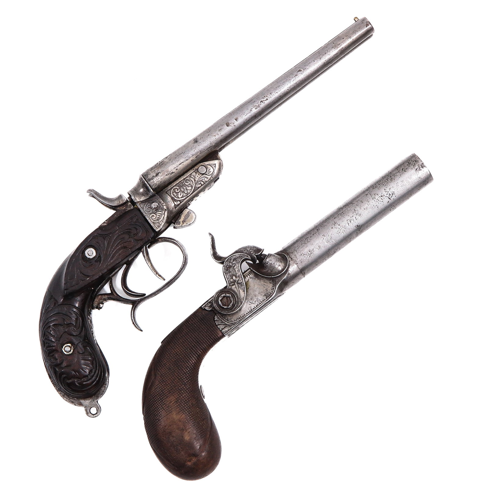 A Lot of 2 Weapons: Two weapons, including a percussion pistol, Belgium, circa 1850, length 21 cm. These weapons are exempt under Article 18 of the Dutch War Weapons Act (RWM).