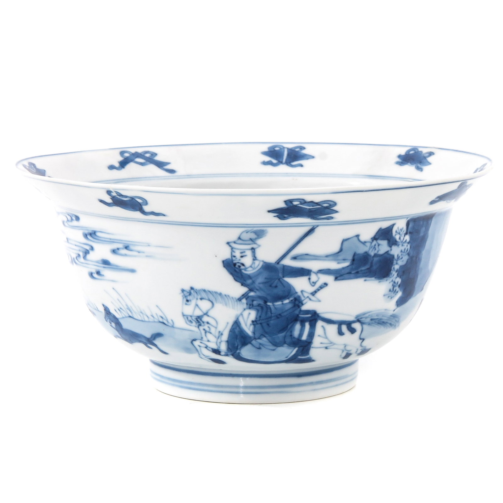 A Blue and White Bowl: Depicting a scenes of Chinese hunters on horseback, Chenghua mark, 16 cm. in diameter, hairline.