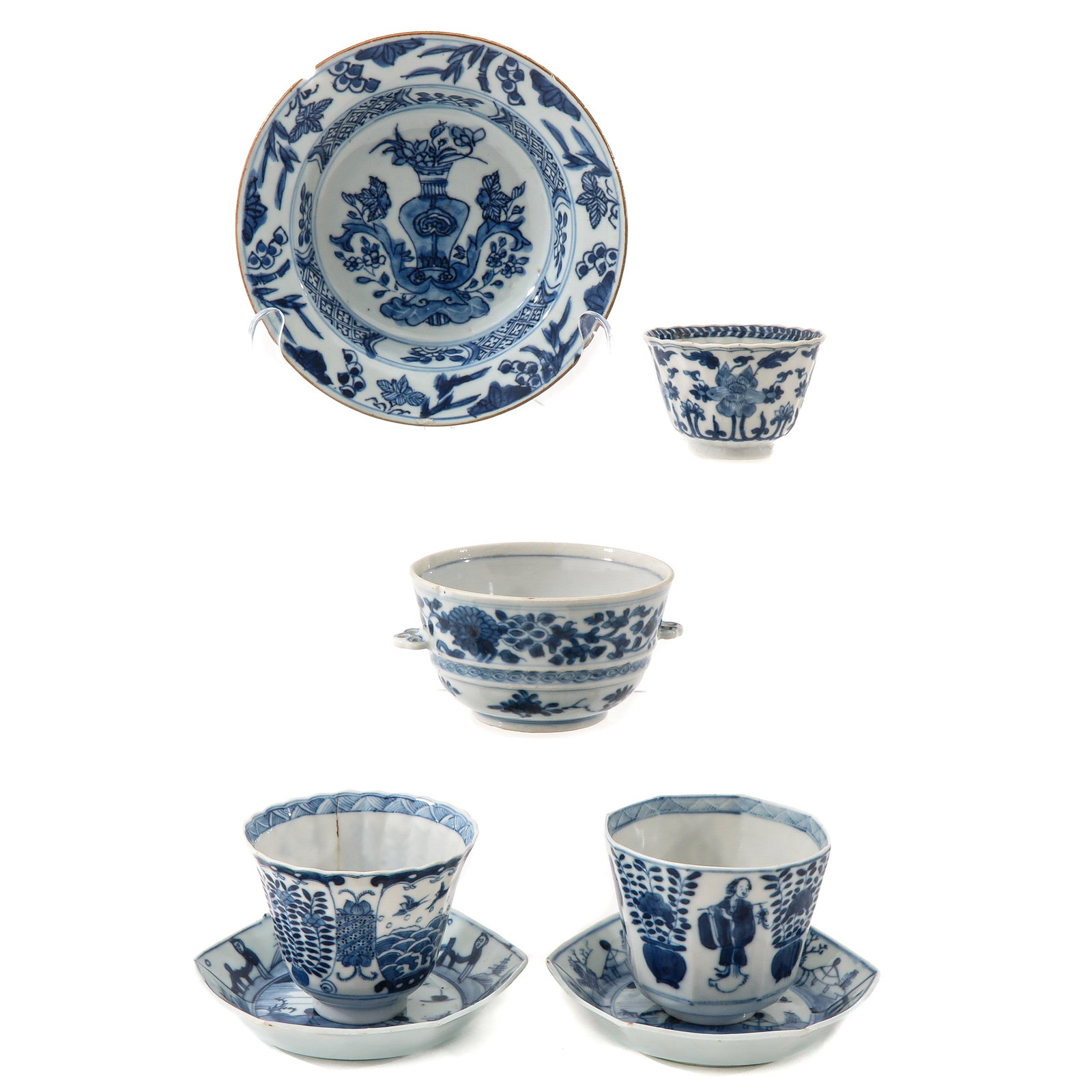 A Collection of Porcelain: 7 pieces, including cups, saucers and small bowl, including 18th Century, largest bowl is 16 cm. in diameter, in diverse conditions.