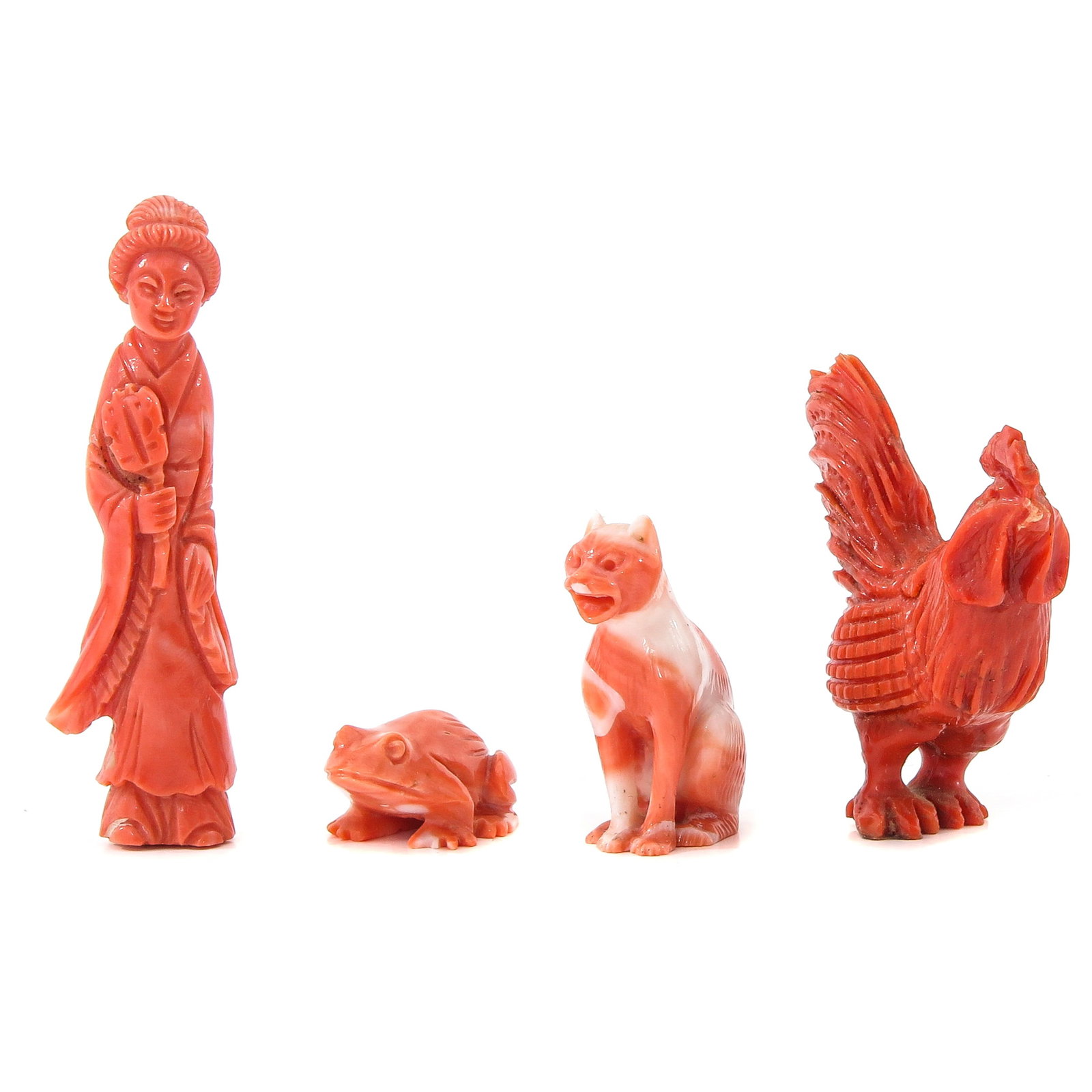 A Group of 4 Miniature Coral Sculptures: Including animals and a Chinese lady holding a fan 7 cm.