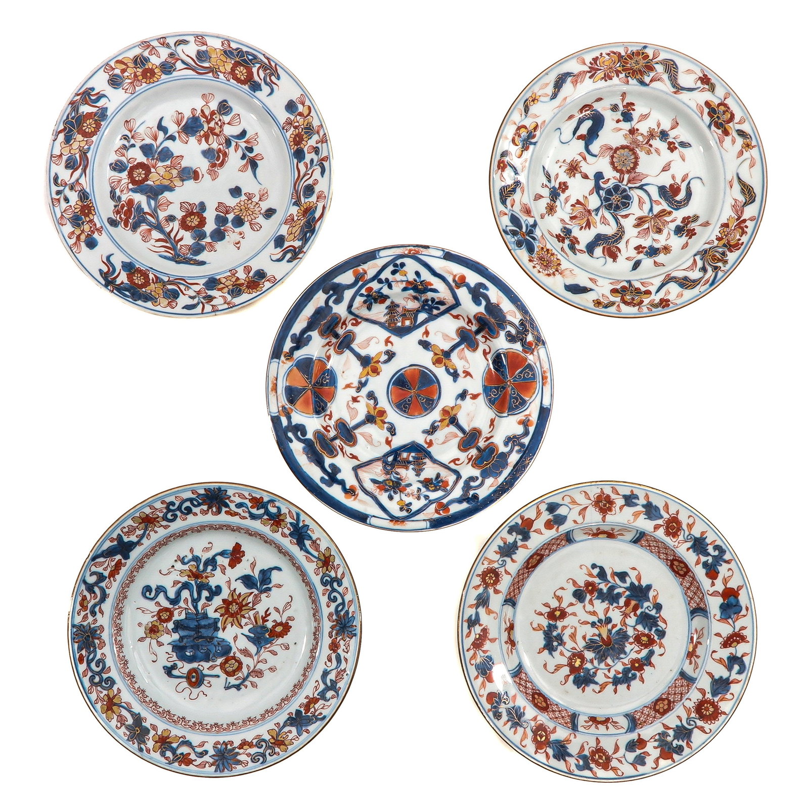 A Collection of Five Imari Plates: Each decorated with floral and pavilion motifs in underglaze blue, iron red, and gilt, 18th Century, 23 cm. in diameter, chip and hairline.