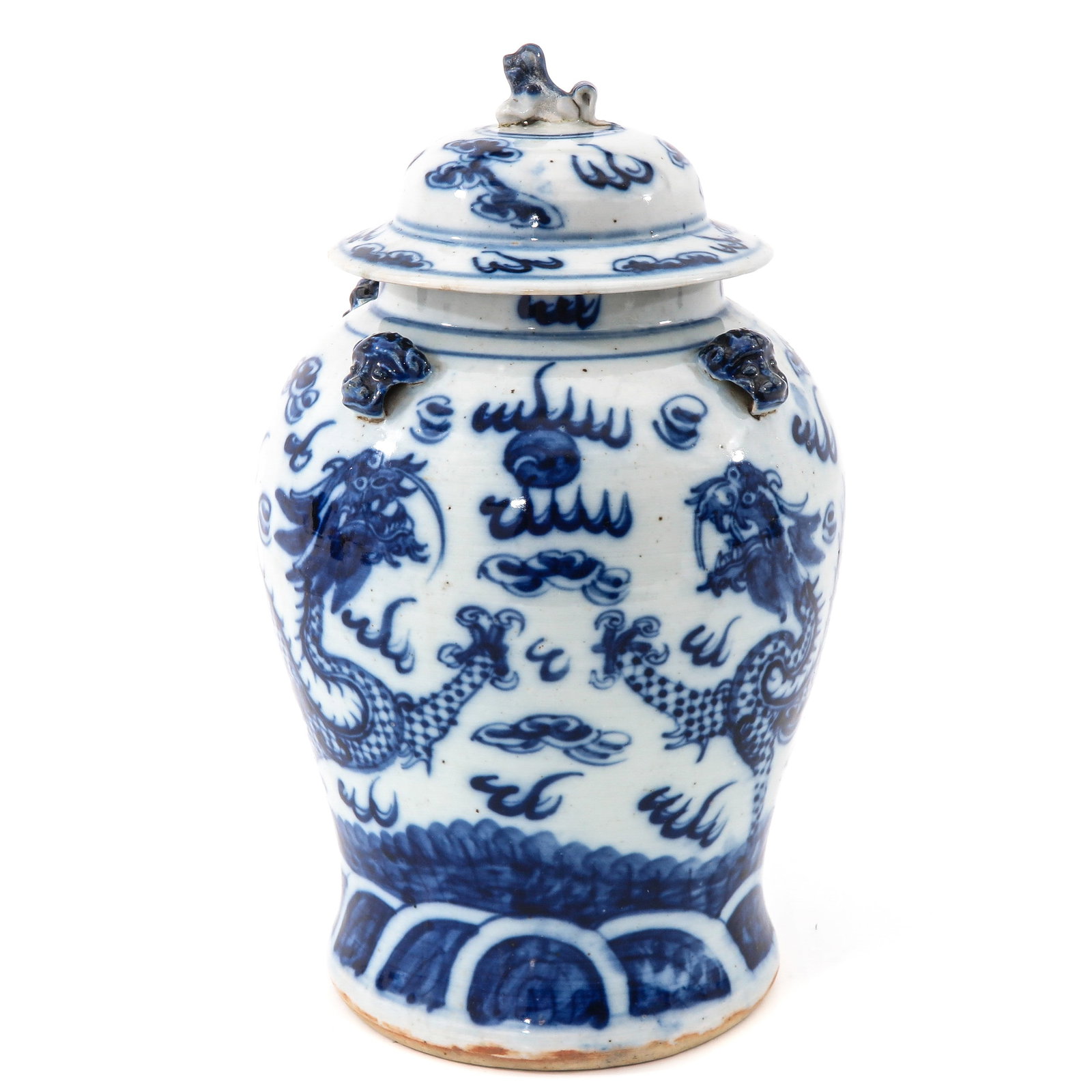 A Blue and White Jar with Cover: Dragon and cloud decor, 35 cm. tall.