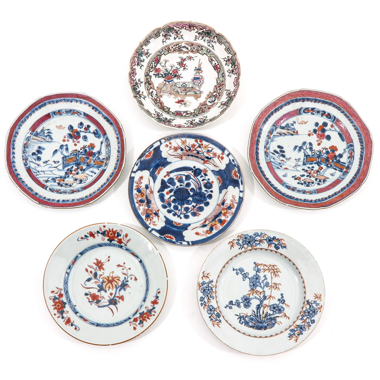 A Collection of 6 Plates: In a variety of decors and sizes, including 18th Century, largest plates are 23 cm. in diameter, chip and hairline.