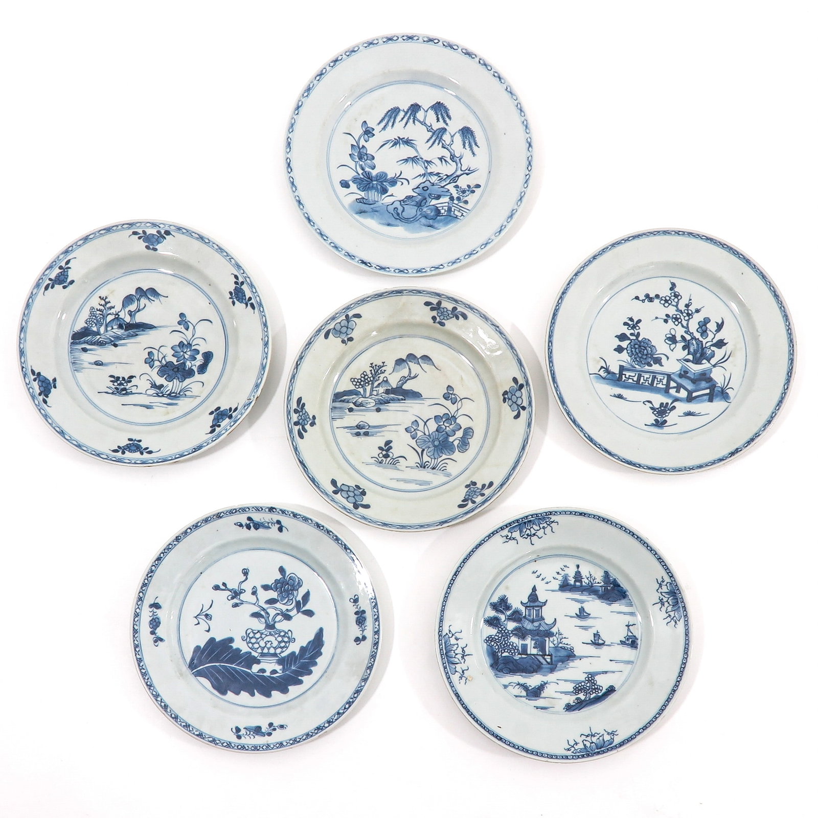 A Collection of 6 Plates: In a variety of decors, including 18th century, 24 cm. in diameter, chip.