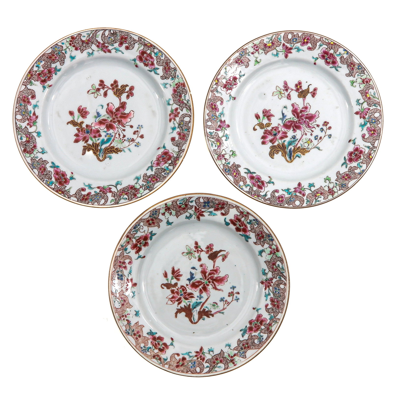 A Series of 3 Famille Rose Plates: Depicting flowers in center of plate with a floral decor border, 18th Century, 23 cm. in diameter