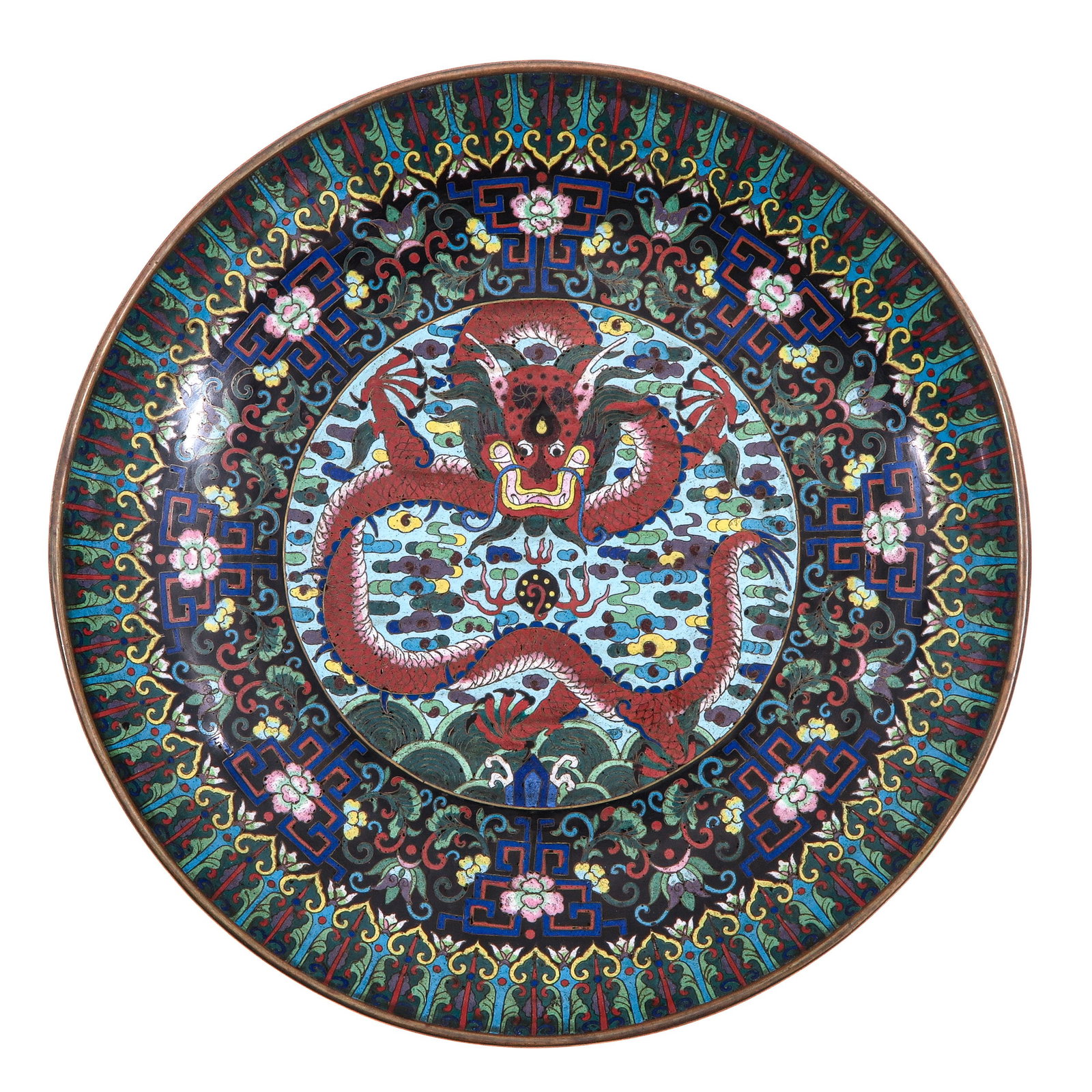 A Cloissone Charger: Decorated with a dragon, 38 cm. in diameter.