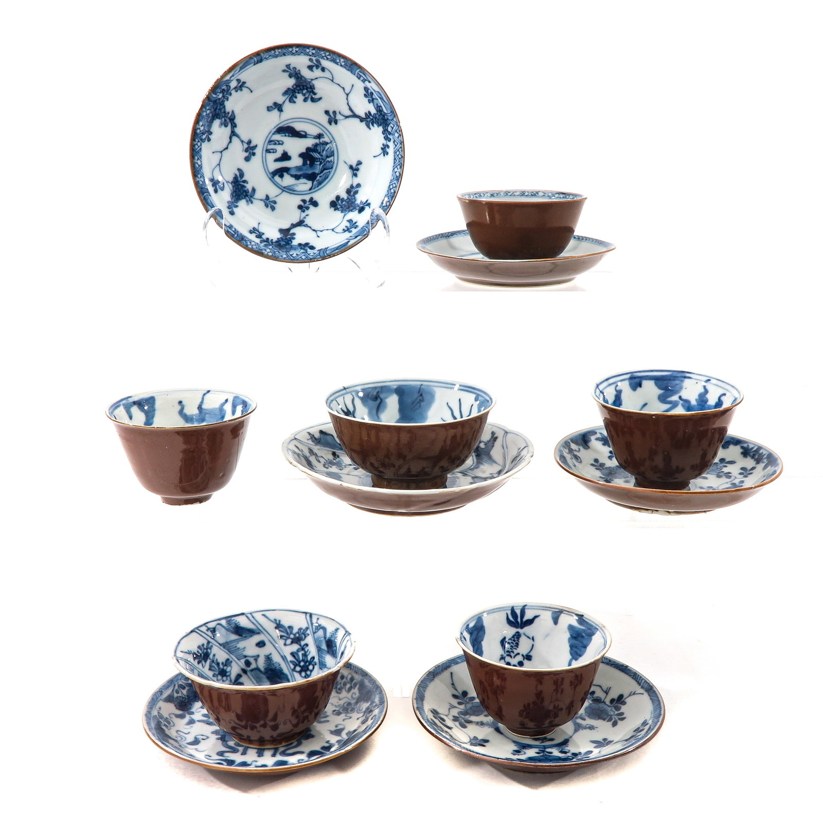 A Group of Batavianware Cups and Saucers: Including 6 cups and 6 saucers, largest saucer is 13 cm. in diameter. chip and hairline.
