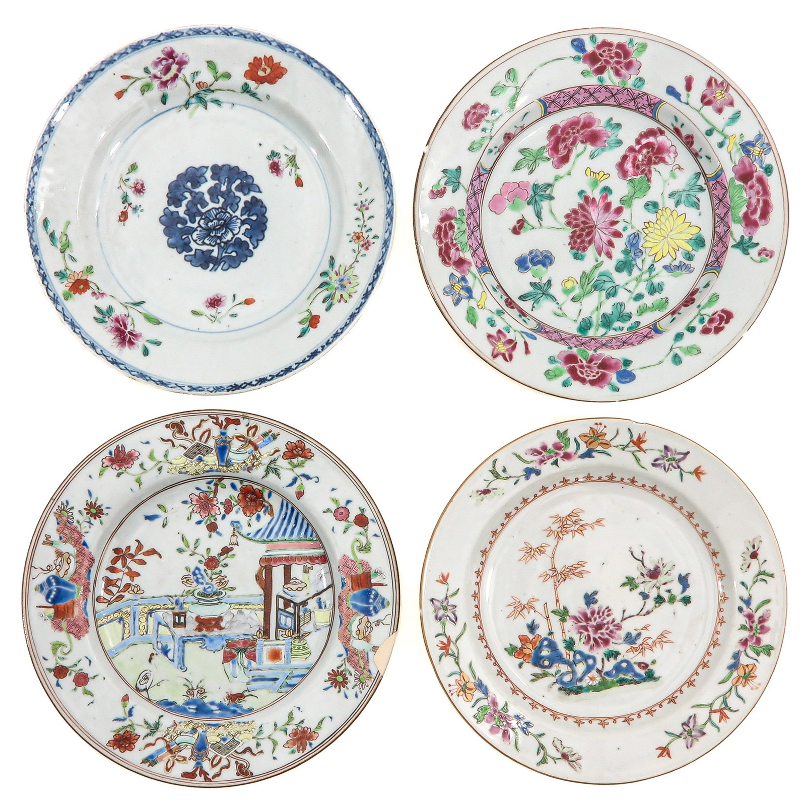 A Group of 4 Famille Rose Plates: Decorated with scenes in a garden, 18th century, 23 cm. in diameter, chip and hairline.