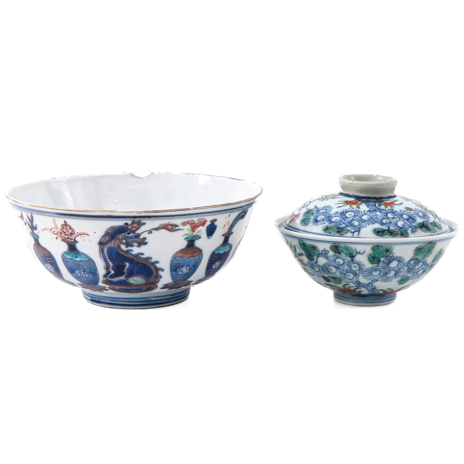 A Covered Cup and Bowl: Bowl is decorated with vases and measures 16 cm. in diameter, covered cup is 11 cm. in diameter and depicts flowers and bamboo trees, chip.