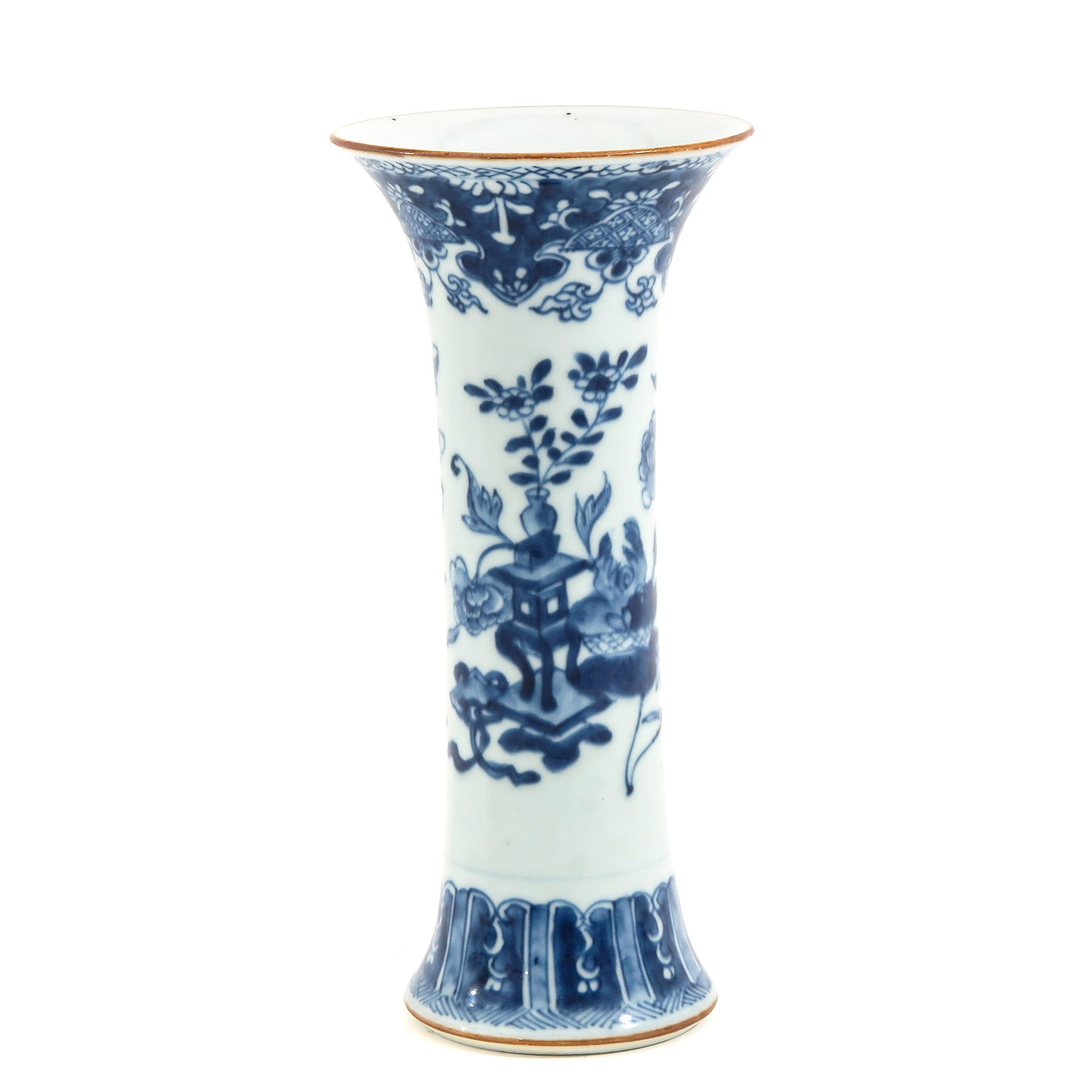 A Blue and White Garniture Vase: Depicting a scene with flowers and Chinese antiquities, 22 cm. tall.