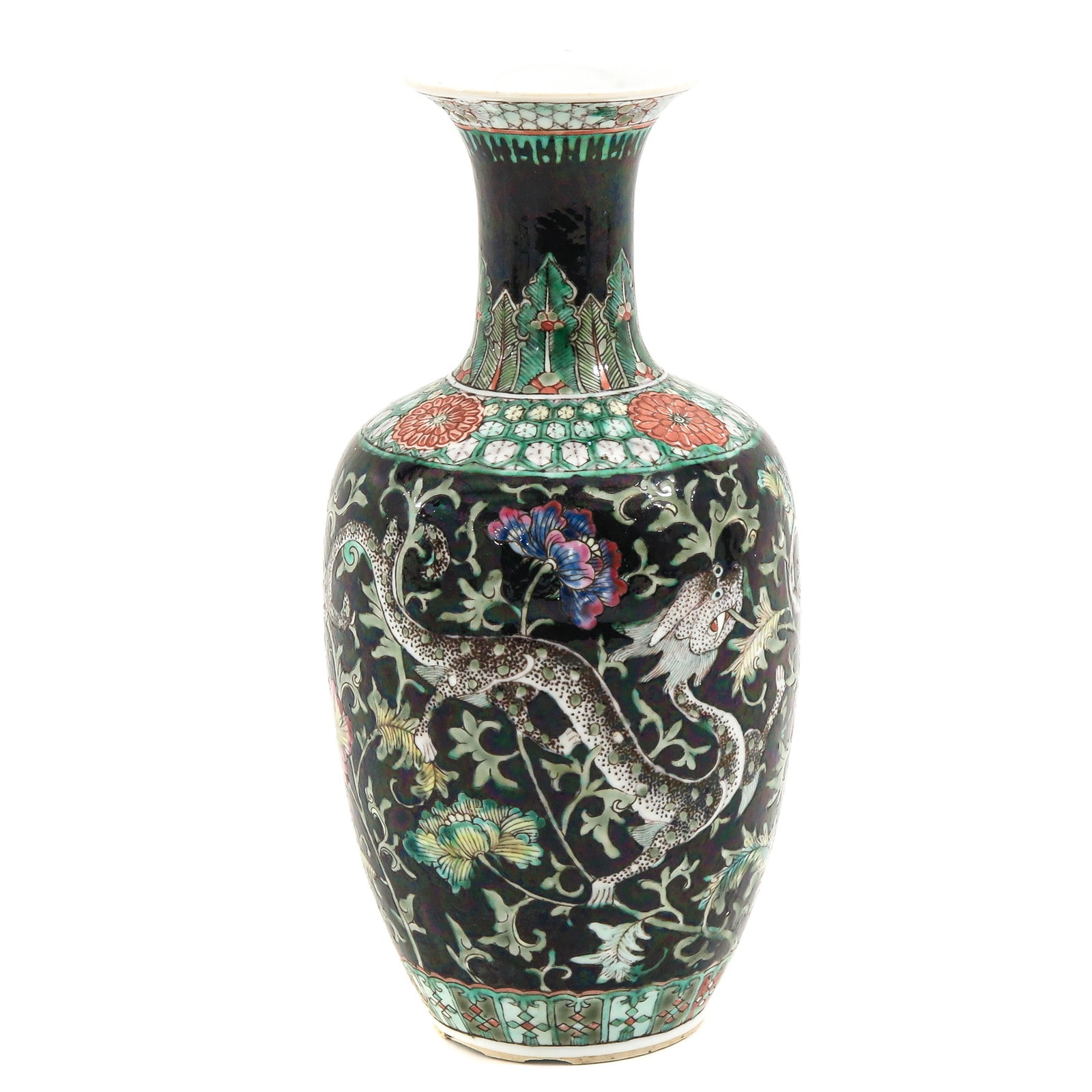 A Famille Noir Vase: Famille Noir ground decorated with scrolling flowers, 25 cm. tall., in diverse conditions.