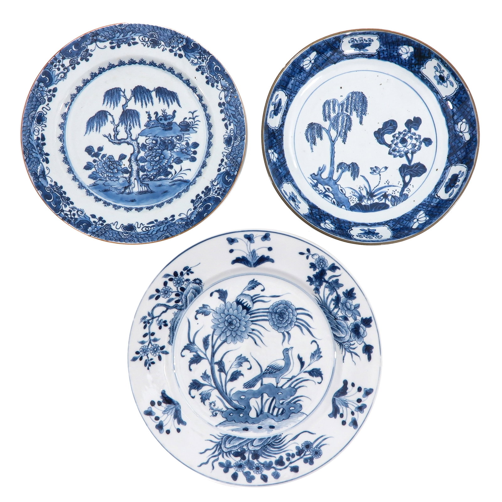 A Group of 3 Blue and White Plates: In a variety of decors, including 18th Century and Chenghua mark, largest plate is 29 cm., chip.