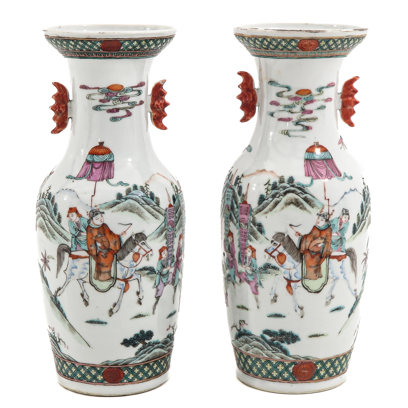 A Pair of Famille Rose Vases: Depicting a scene with Chinese figures parading in a garden, 19th Century, 29 cm. tall.