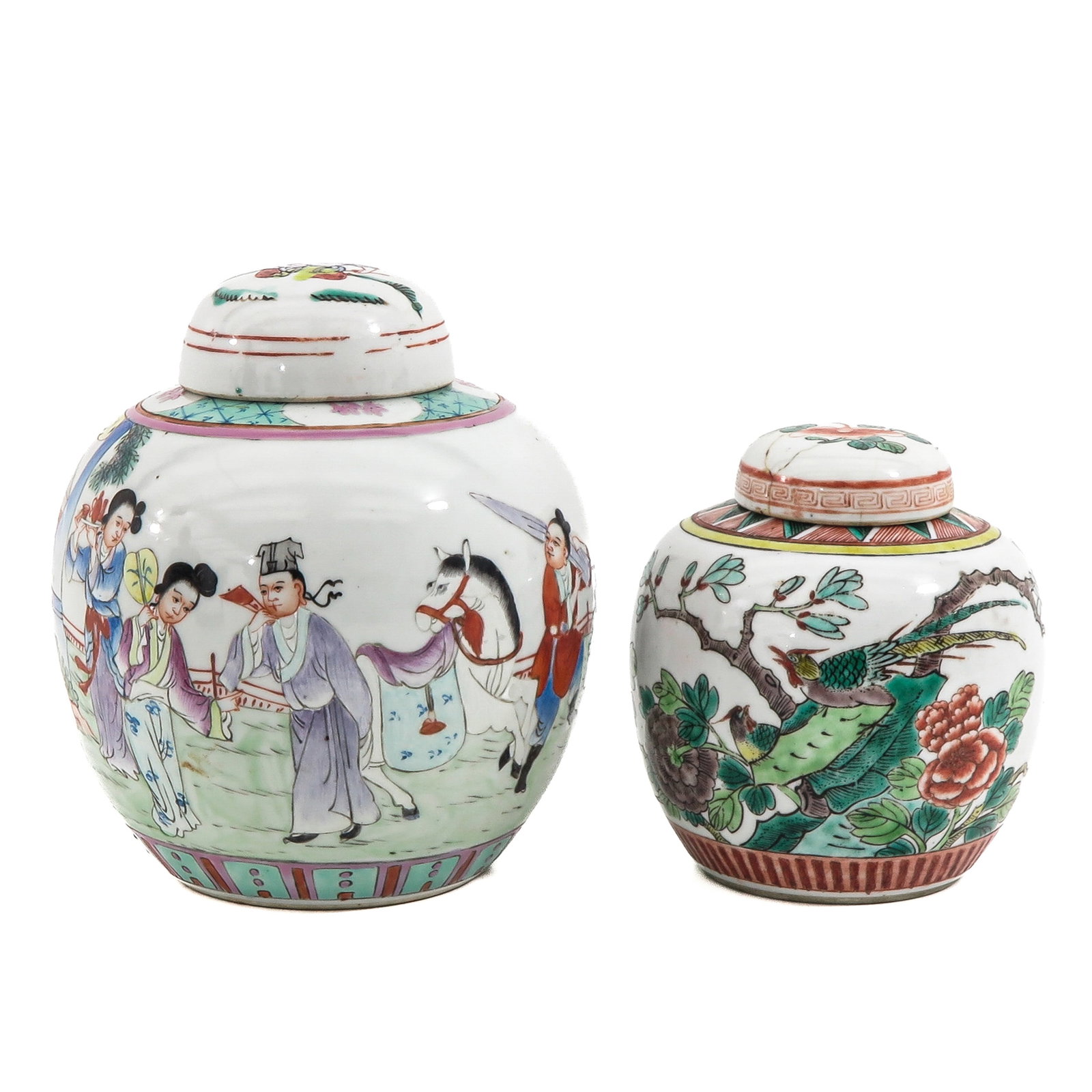 A Lot of 2 Ginger Jars: In Famille Rose and Famille Verte decors, tallest jar is 19 cm., in diverse conditions.