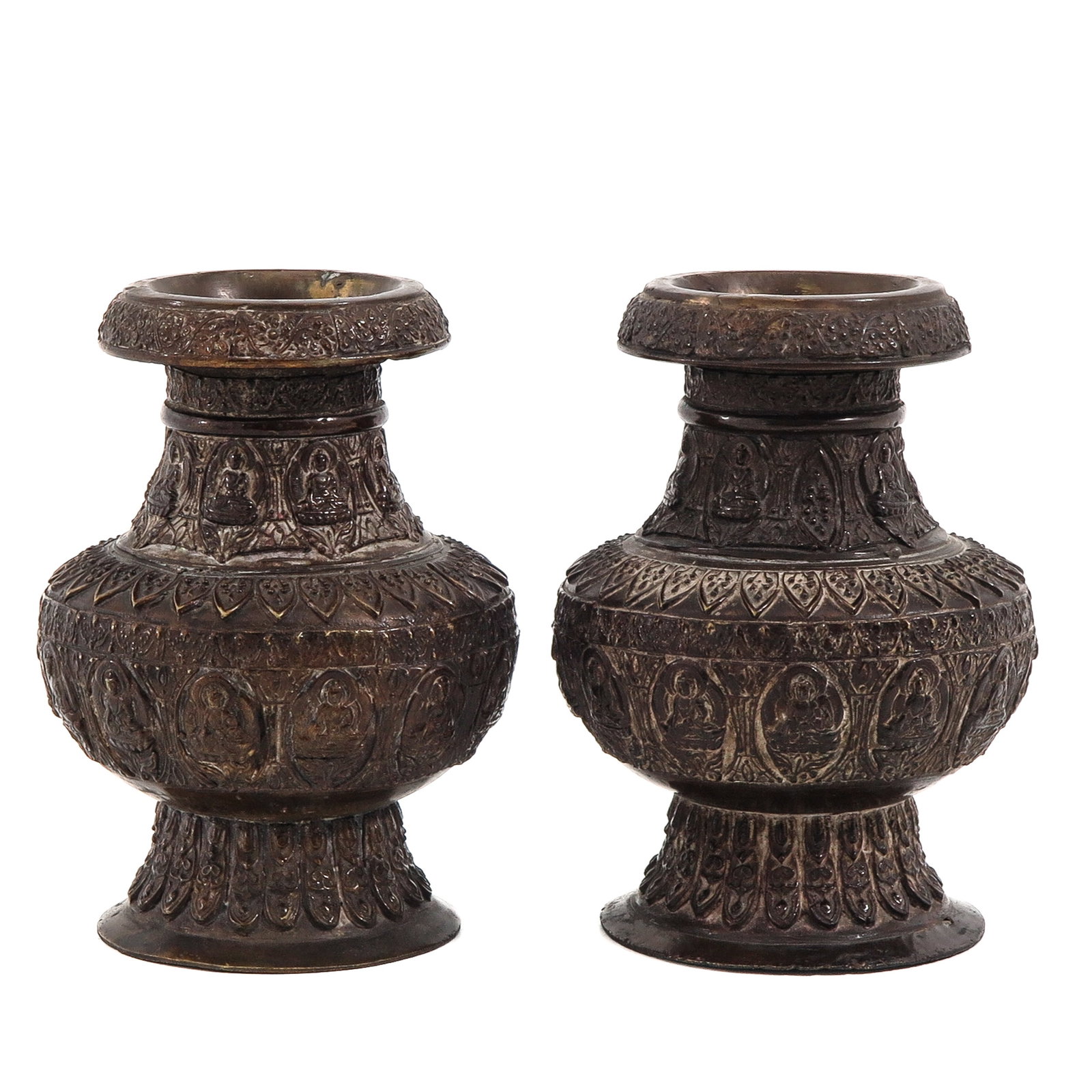 A Pair of Bronze Vases: Decorated with Buddha figures, 19 cm. tall.