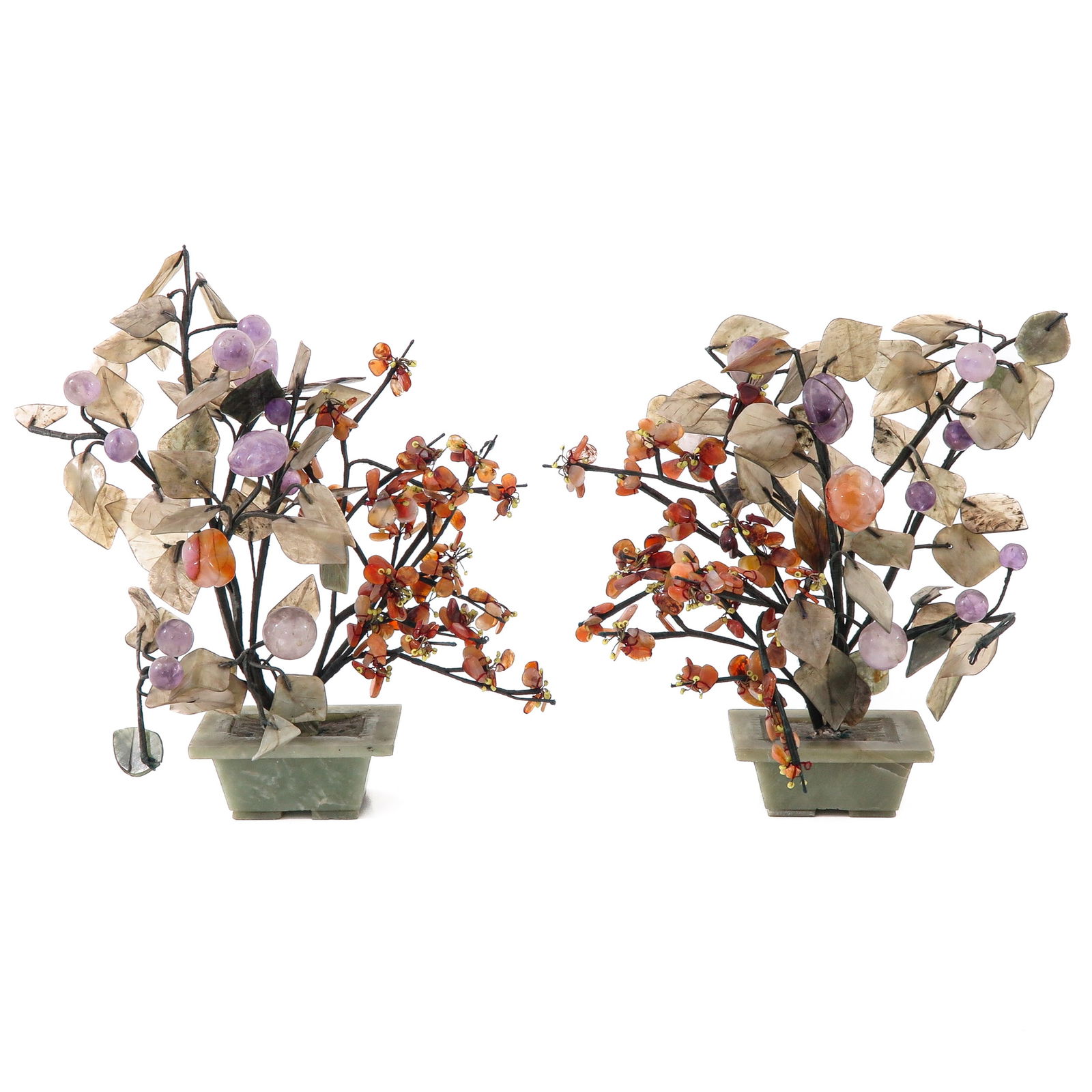 A Pair of Jade and Agate Trees: 31 cm. tall.