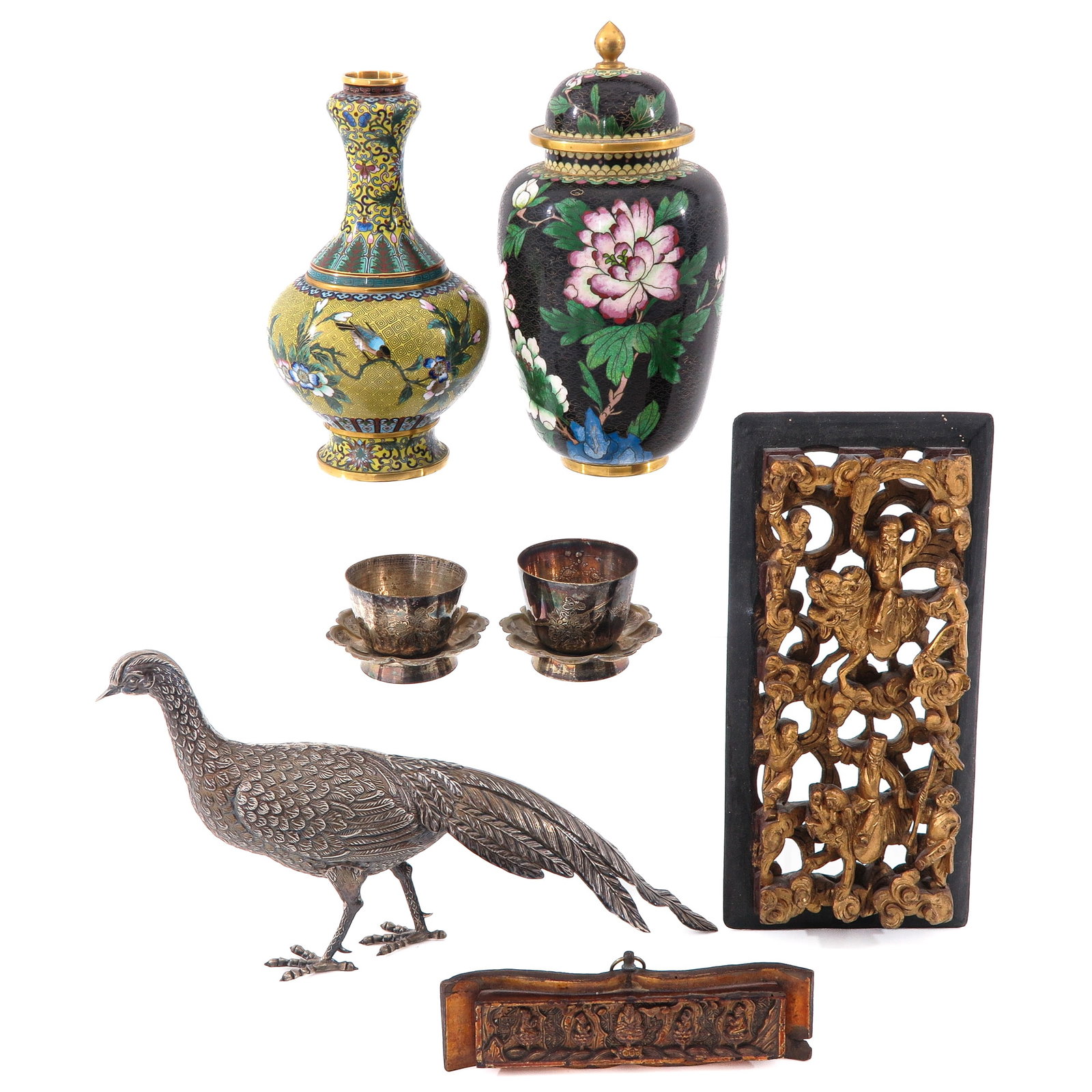 A Diverse Group of Items: Including vases, a birds sculpture and wall hanging, 30 cm. long.