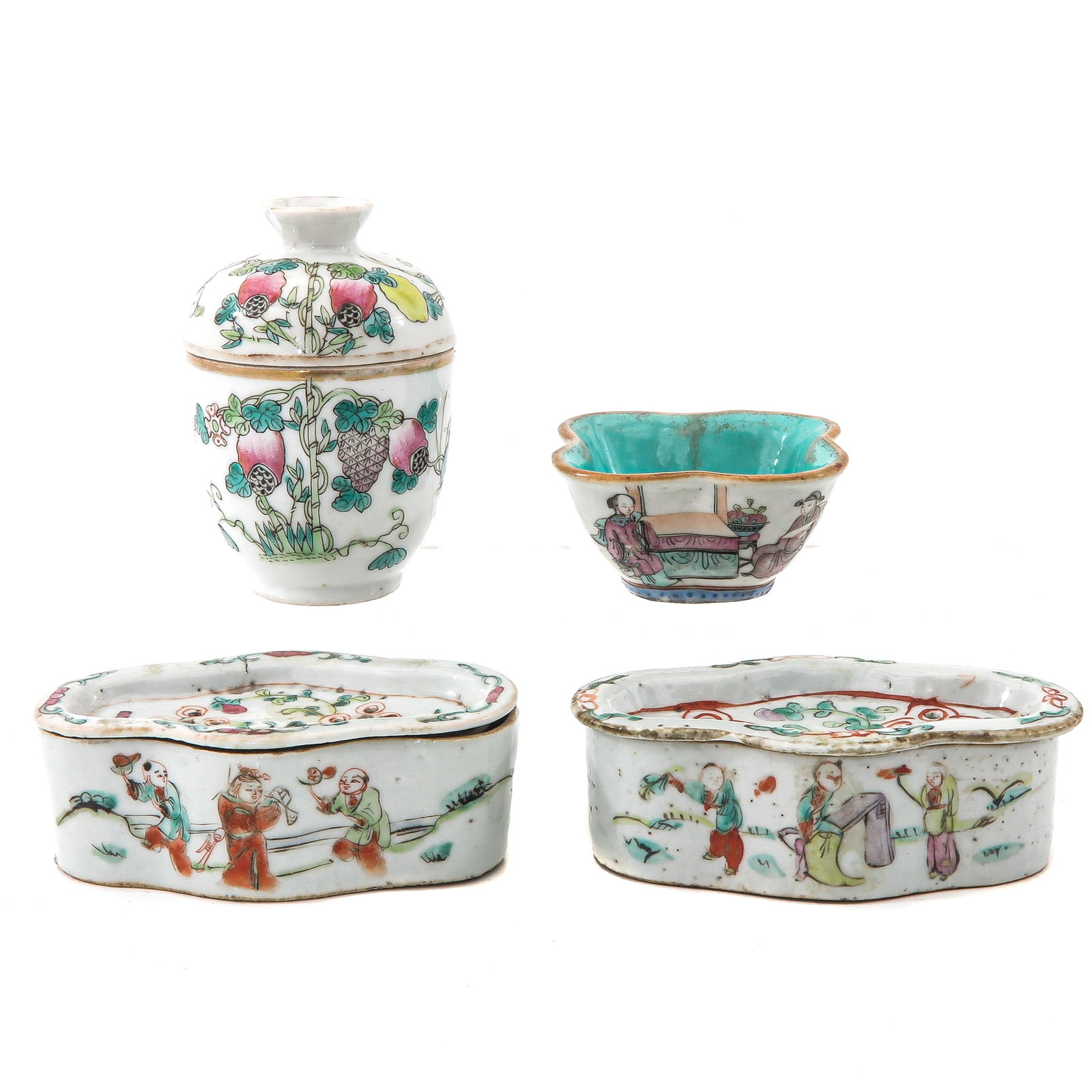 A Group of Porcelain: including a cup with cover, small dish and 2 cricket boxes, 12 cm. long.