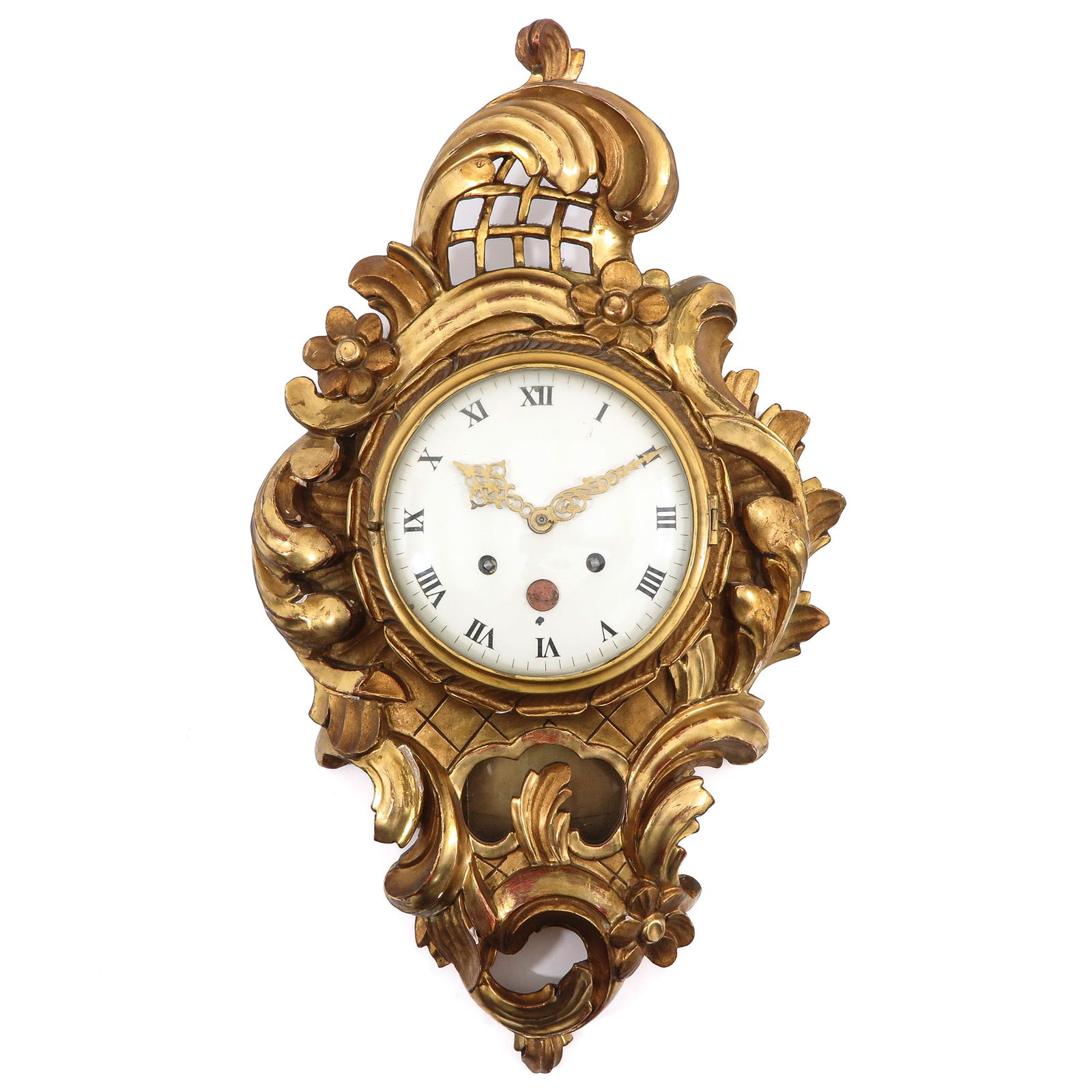 A Cartel Clock: With enameled dial and Roman numerals, length 60 cm.