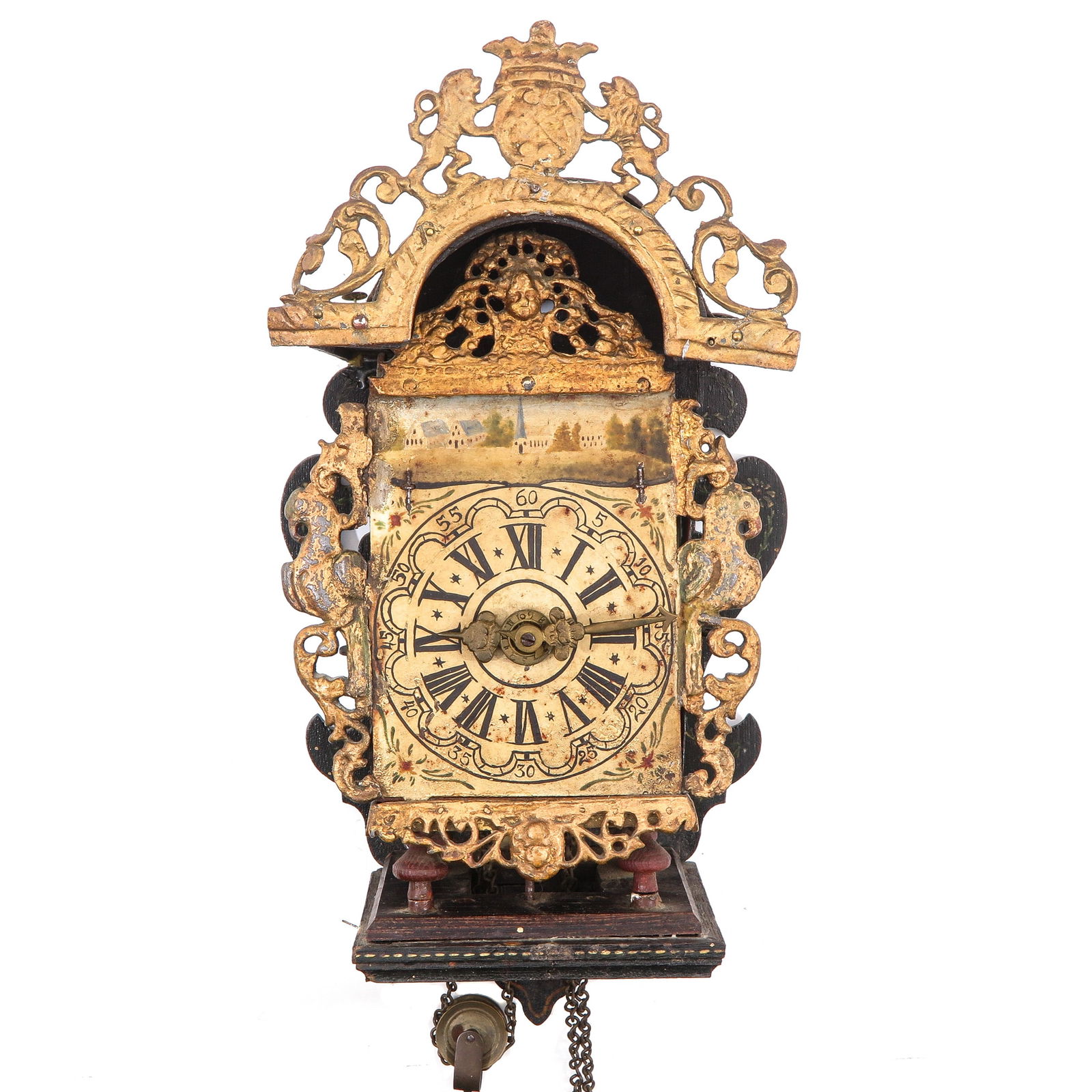 A Dutch Wall Clock or Meidenklok: 18th/19th century with painted dial, gilt brass ornaments with lions and a cartouche, height 42 cm.