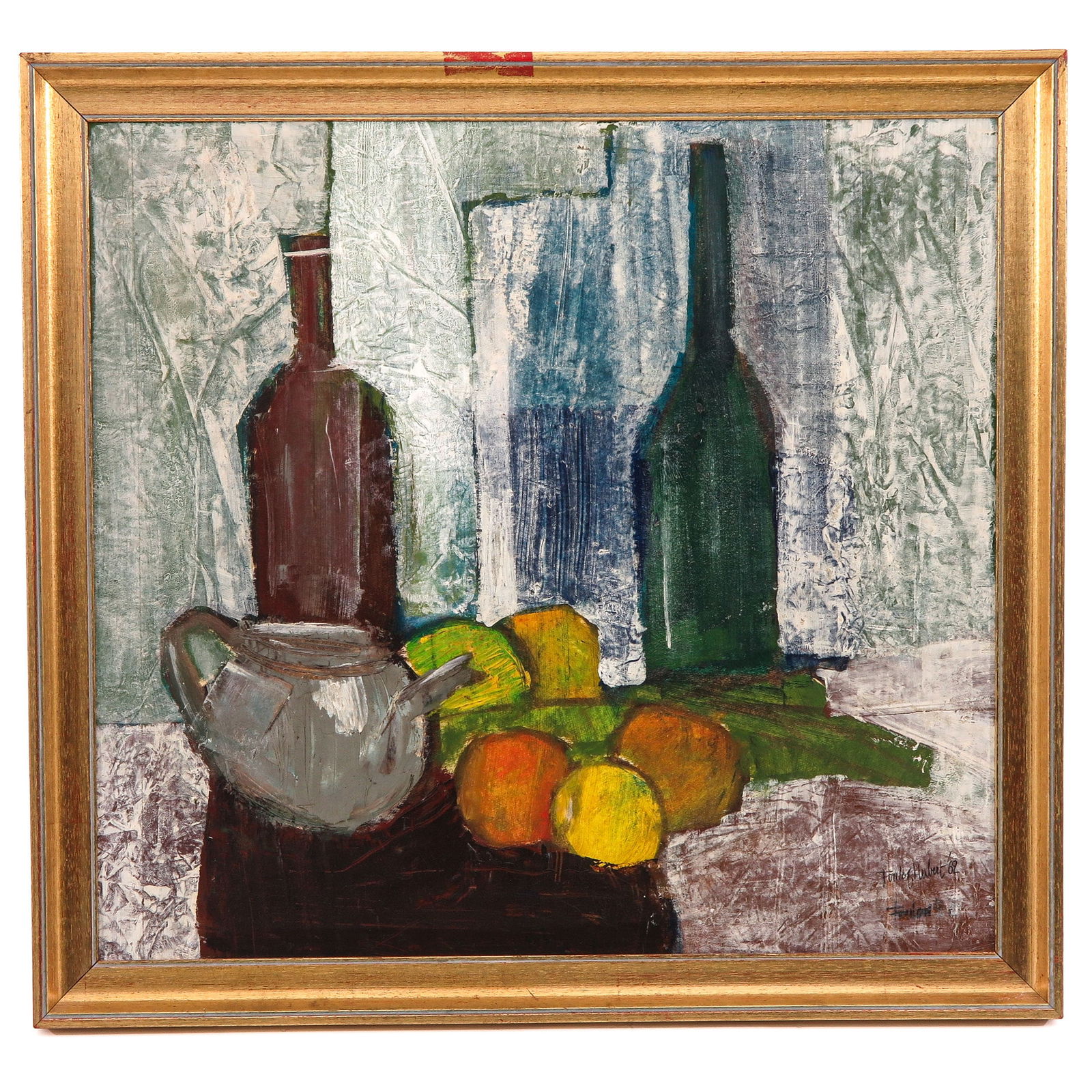 An Oil on Board Painting: Oil on board, depicting a modern still life with bottles and fruit, signed Foulon, 53 x 50 cm.