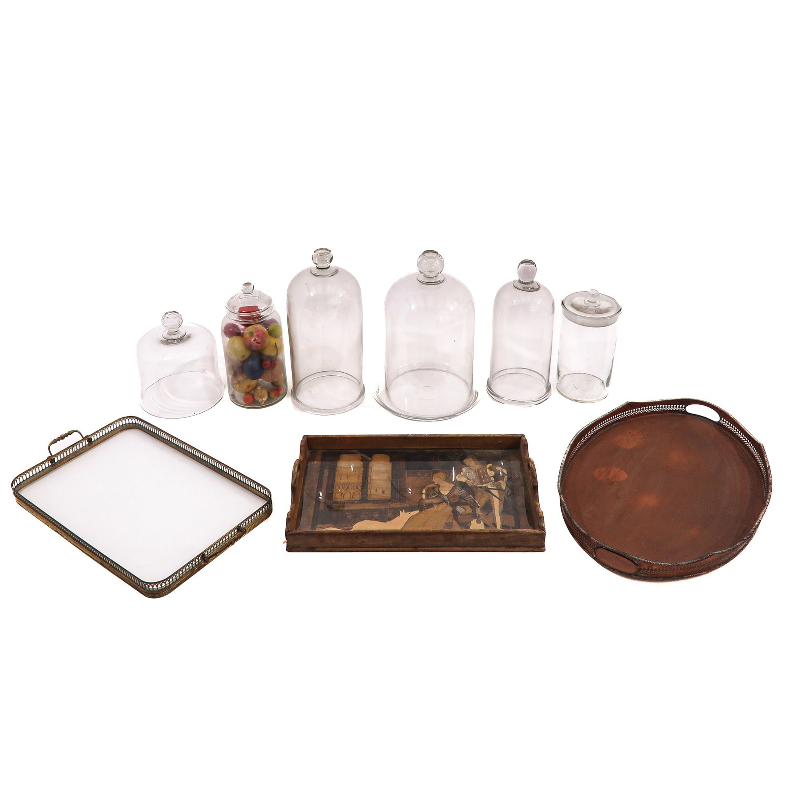 A Diverse Collection of Items: Consisting of glass domes, apothecary jars, and a tray, tallest 40 cm.