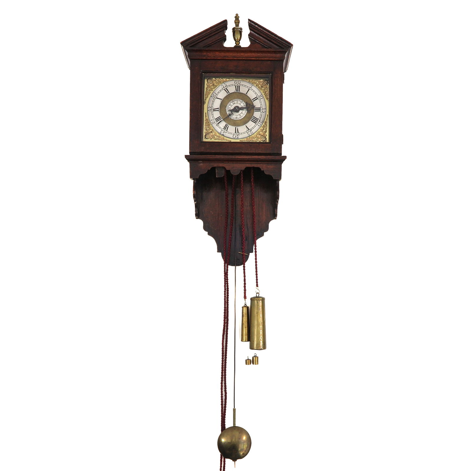 A Dutch Wall Clock or Hoodklok: For the Dutch market. Circa 1800, with going train, anchor escapement, plus alarm, with 4 weights and a seconds pendulum, length 63 cm.