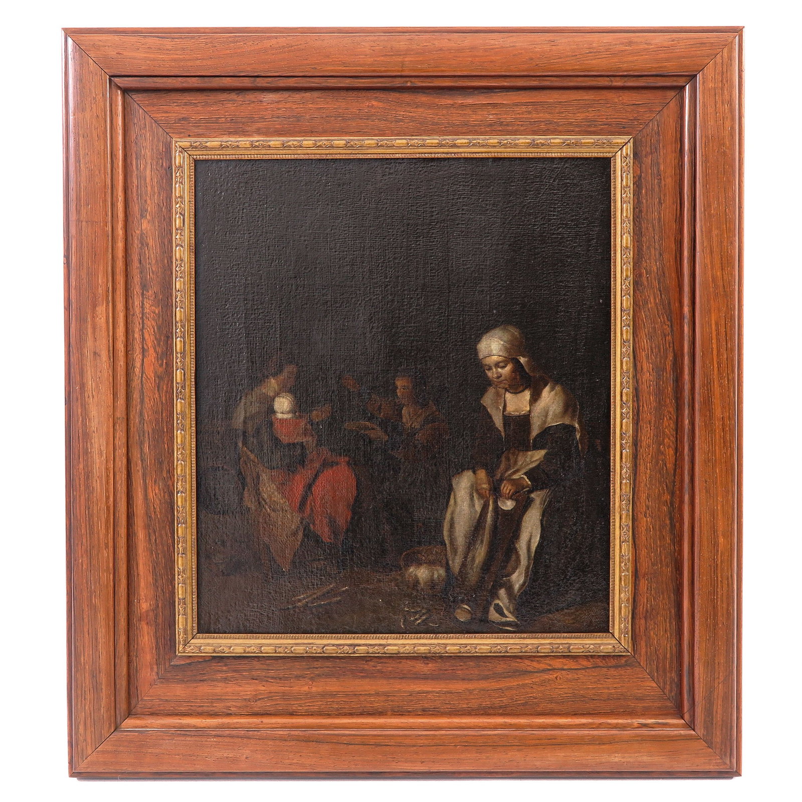 An Oil on Canvas: Oil on canvas, Gerard Terborch, depicting a flax picker, 38 x 42 cm.