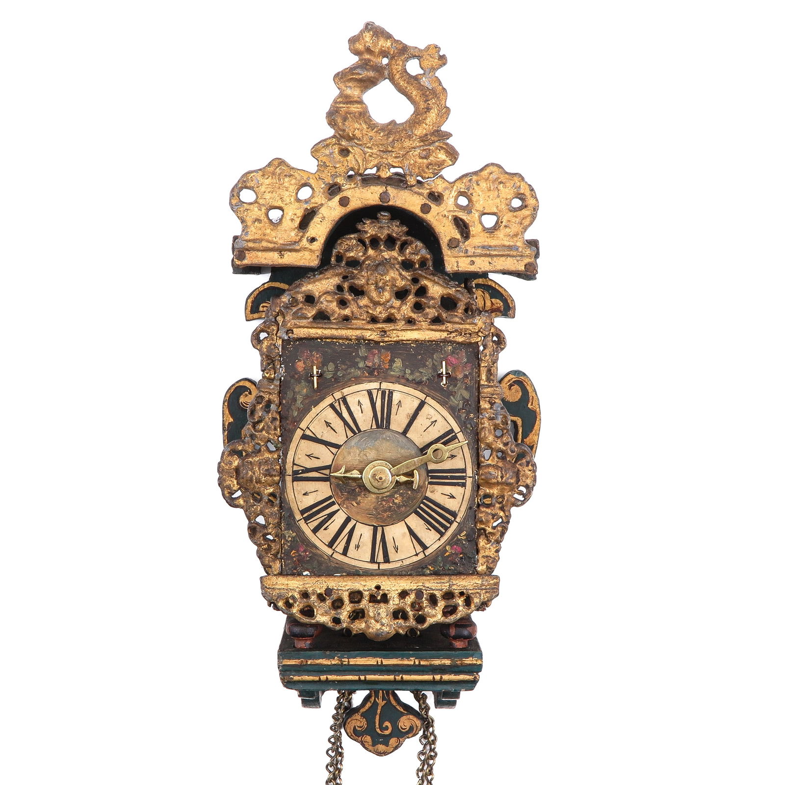 A Dutch Wall Clock or Stoelschippertje: 18th century, probably the second smallest built in the 18th century; the space between the base and the top is only 82 mm.